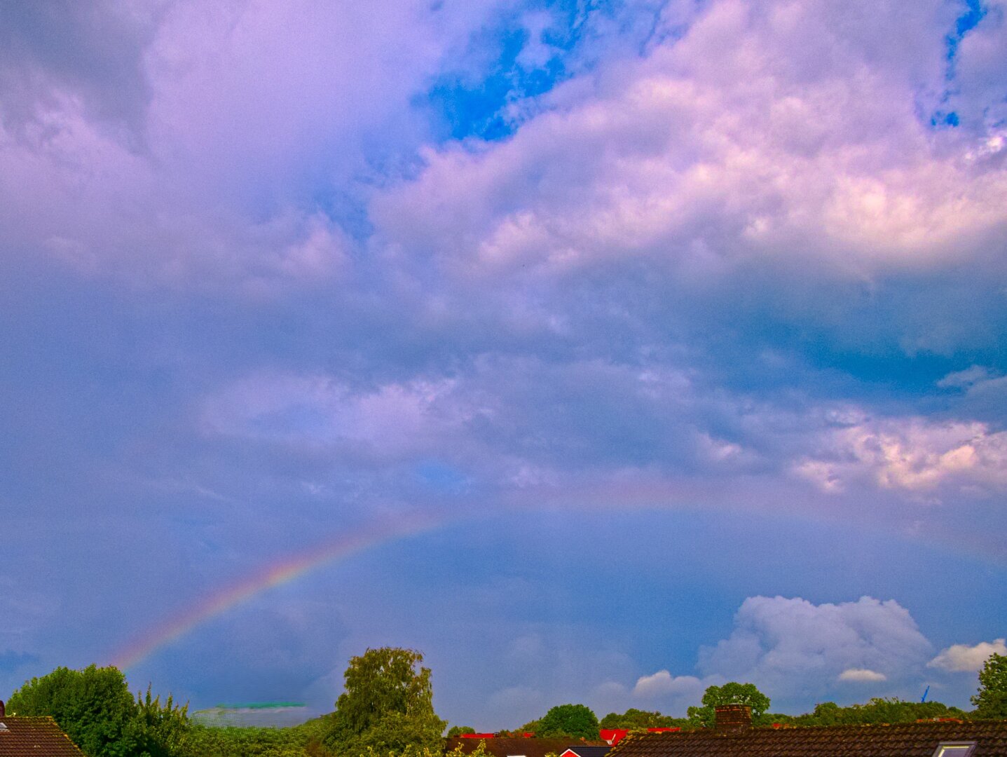 Not a particularly good photo of a very large rainbow against a cloudy sky. There are trees and rooftops at the bottom of the picture.