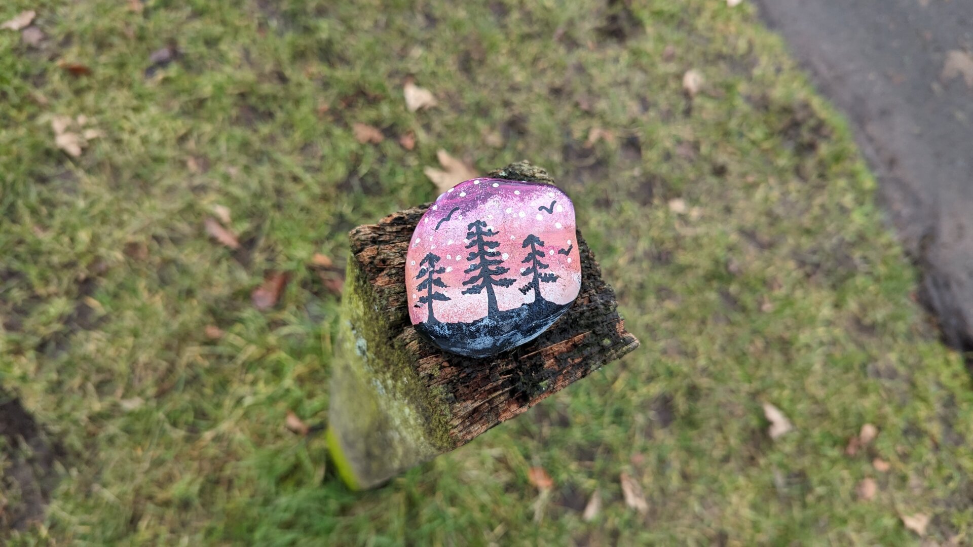 Photo looking down at a painted stone in the centre showing the silhouette of trees in front of a sky made of a range of pink shades. The stone is placed on a wooden post surrounded by grass.