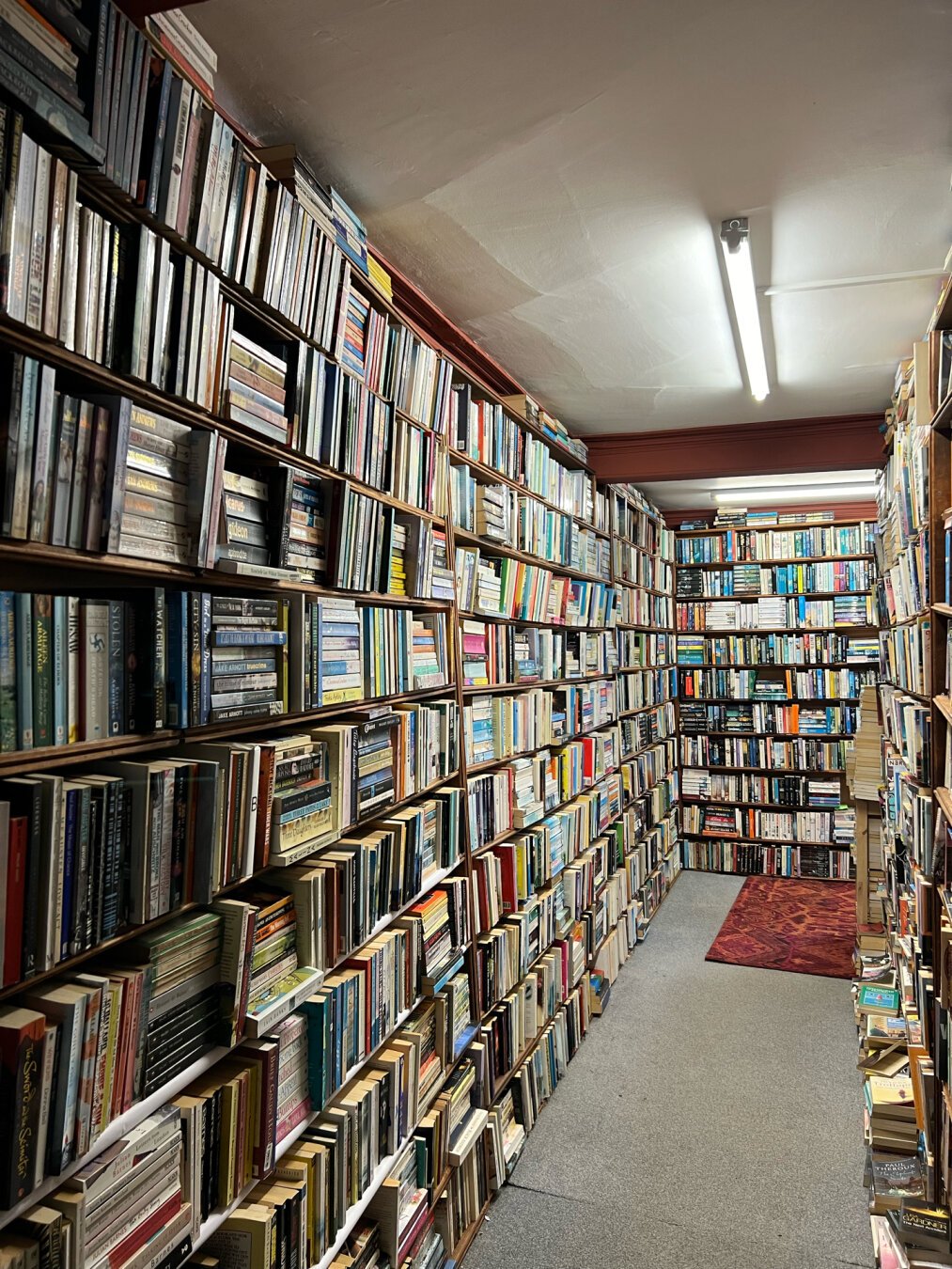 Floor to ceiling bookshelves line the walls of a hallway in a secondhand bookshop in Carlisle