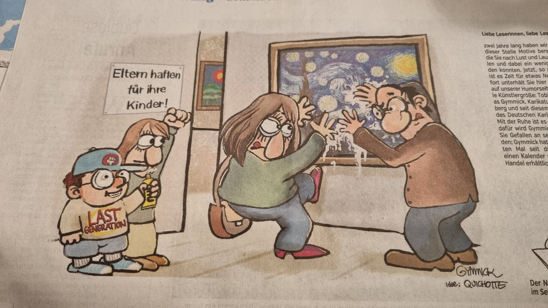 Zu sehen ist eine Karikatur von Tobias Hacke alias Gymmick auf der zwei Kinder mit Last Generation auf Eltern schauen, die mit Kleber auf einem Gemälde kleben. Daneben ein Schild: Eltern haften für ihre Kinder.