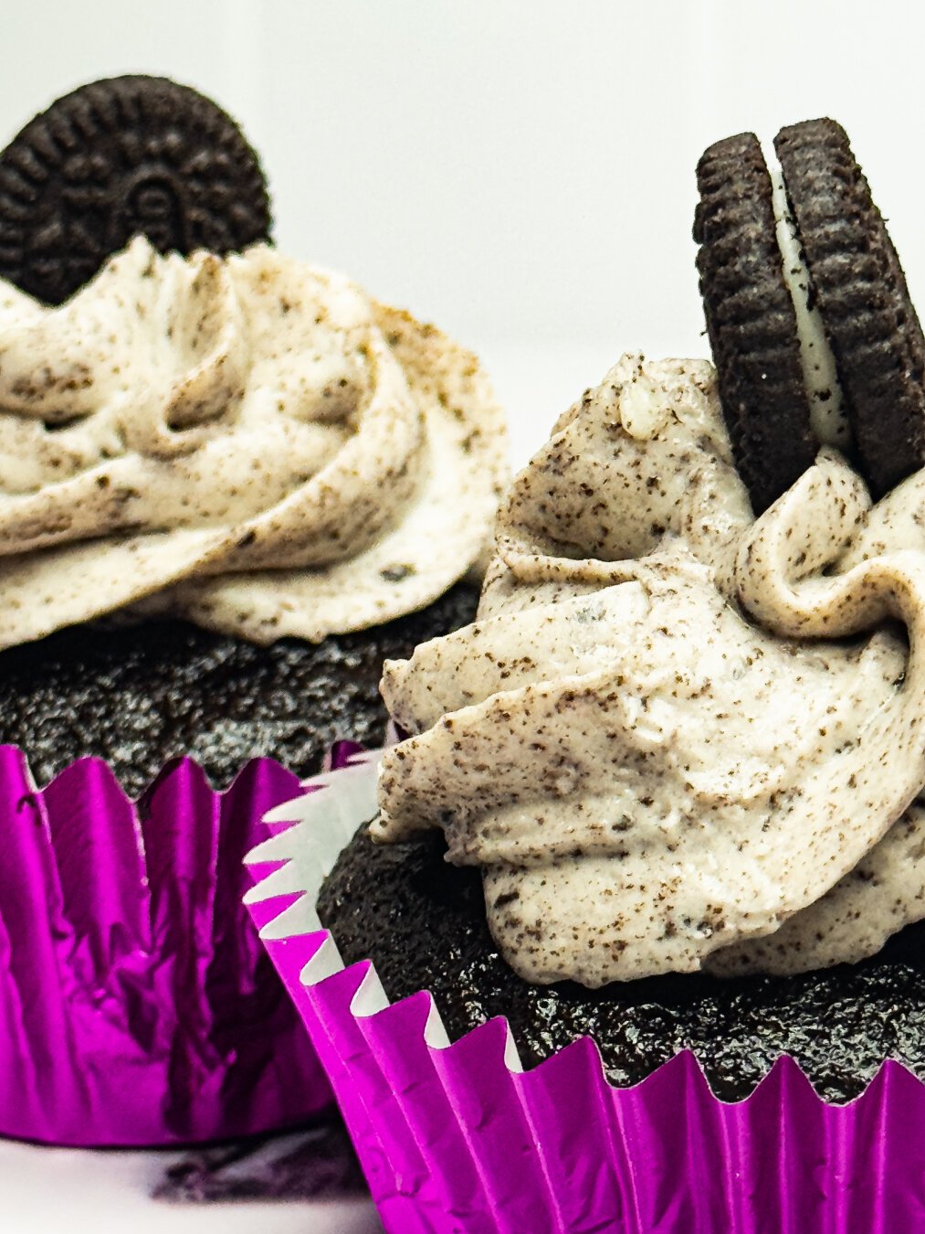 Chocolate cupcakes with Oreo icing and pink liners