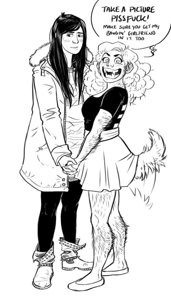 Two women holding hands and looking forward. One of the women, the one on the right, is a werewolf while the other, the one on the left, is a human. The woman on the right says "Take a picture pissfuck! make sure you get my bangin' girlfriend too."