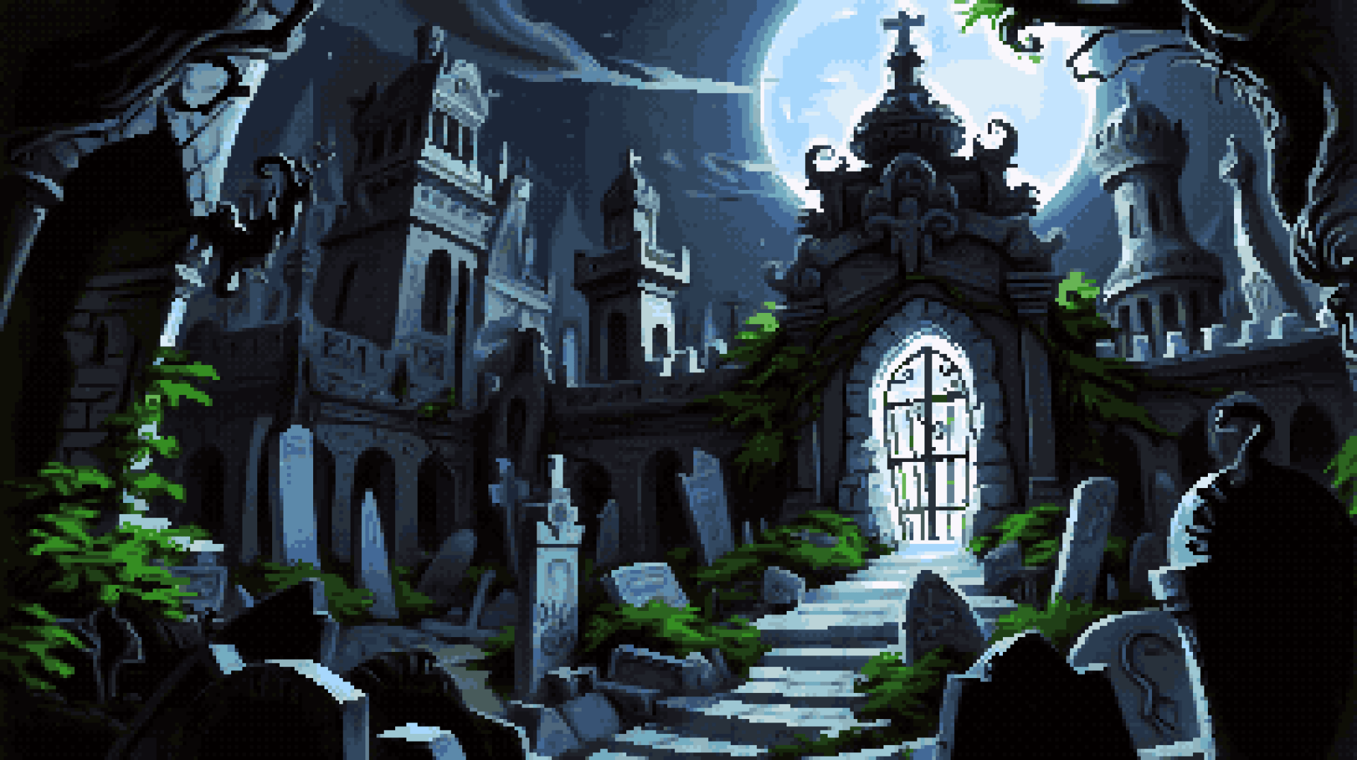 Pixel art of a moon-drenched cemetery where gnarled trees claw at a sky choked with midnight blue. Their branches, stark silhouettes against the pale orb, reach towards ancient Gothic structures that pierce the darkness. Pointed arches and towering spires stand sentinel, their weathered stone adorned with intricate carvings and sculptures now half-consumed by creeping ivy. A grand central tower, crowned with arched windows like watchful eyes, dominates the scene. At its feet, a labyrinth of timeworn tombstones sprawls across the uneven ground, each etched with forgotten stories. Some rest flat, surrendered to the passage of years, while others stand defiant, their inscriptions blurred by the relentless touch of decay. A winding path, choked with weeds and shadowed moss, leads towards a decaying iron gate, its twisted frame held captive between massive stone pillars. The entrance yawns open, an invitation into oblivion. Pixel art of a moon-drenched cemetery where gnarled trees claw at a sky choked with midnight blue. Their branches, stark silhouettes against the pale orb, reach towards ancient Gothic structures that pierce the darkness. Pointed arches and towering spires stand sentinel, their weathered stone adorned with intricate carvings and sculptures now half-consumed by creeping ivy. A grand central tower, crowned with arched windows like watchful eyes, dominates the scene. At its feet, a labyrinth of timeworn tombstones sprawls across the uneven ground, each etched with forgotten stories. Some rest flat, surrendered to the passage of years, while others stand defiant, their inscriptions blurred by the relentless touch of decay. A winding path, choked with weeds and shadowed moss, leads towards a decaying iron gate, its twisted frame held captive between massive stone pillars. The entrance yawns open, an invitation into oblivion.