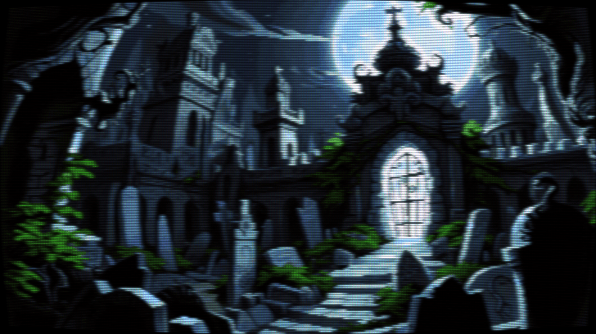 Pixel art of a moon-drenched cemetery where gnarled trees claw at a sky choked with midnight blue. Their branches, stark silhouettes against the pale orb, reach towards ancient Gothic structures that pierce the darkness. Pointed arches and towering spires stand sentinel, their weathered stone adorned with intricate carvings and sculptures now half-consumed by creeping ivy. A grand central tower, crowned with arched windows like watchful eyes, dominates the scene. At its feet, a labyrinth of timeworn tombstones sprawls across the uneven ground, each etched with forgotten stories. Some rest flat, surrendered to the passage of years, while others stand defiant, their inscriptions blurred by the relentless touch of decay. A winding path, choked with weeds and shadowed moss, leads towards a decaying iron gate, its twisted frame held captive between massive stone pillars. The entrance yawns open, an invitation into oblivion. The image has a CRT filter applied. Pixel art of a moon-drenched cemetery where gnarled trees claw at a sky choked with midnight blue. Their branches, stark silhouettes against the pale orb, reach towards ancient Gothic structures that pierce the darkness. Pointed arches and towering spires stand sentinel, their weathered stone adorned with intricate carvings and sculptures now half-consumed by creeping ivy. A grand central tower, crowned with arched windows like watchful eyes, dominates the scene. At its feet, a labyrinth of timeworn tombstones sprawls across the uneven ground, each etched with forgotten stories. Some rest flat, surrendered to the passage of years, while others stand defiant, their inscriptions blurred by the relentless touch of decay. A winding path, choked with weeds and shadowed moss, leads towards a decaying iron gate, its twisted frame held captive between massive stone pillars. The entrance yawns open, an invitation into oblivion. The image has a CRT filter applied.