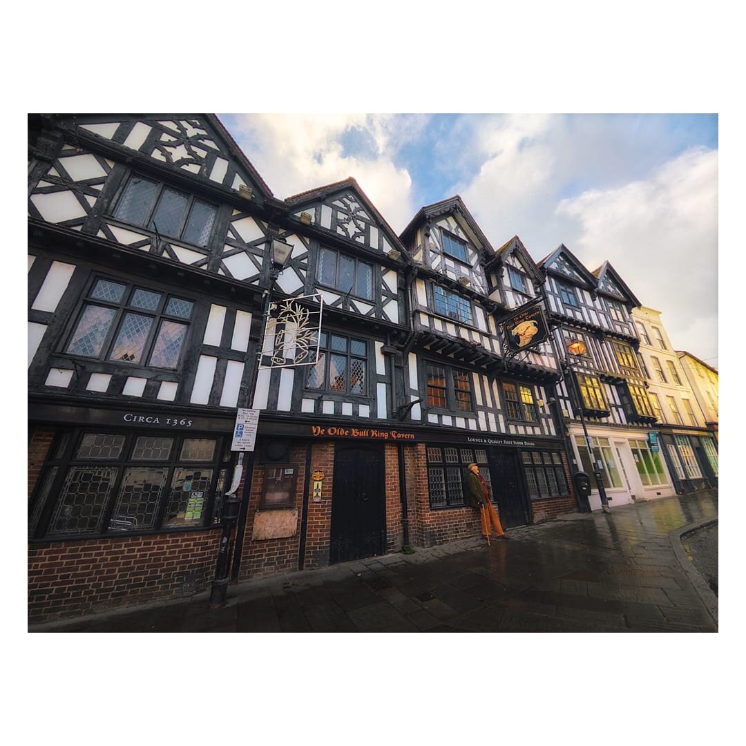 A striking row of historic timber-framed buildings in Ludlow displays the characteristic architecture of medieval England, with Ye Olde Bull Ring Tavern prominently featured at ground level, its brick frontage bearing the establishment's name in golden lettering beneath storeys of intricately patterned dark wooden beams and cream-coloured infill panels that rise to steeply pitched gable roofs. The building, dated circa 1365 as indicated on its left side, showcases multiple mullioned casement windows with leaded panes that reflect the afternoon light, whilst decorative wrought-iron signs hang from the facade, including a stylised tree motif above the tavern entrance. To the right, neighbouring buildings continue the architectural tradition with their own geometric beam patterns and stepped gables, their pale stone construction providing contrast, and the wet paving stones below suggest recent rainfall, all beneath a partly cloudy sky.