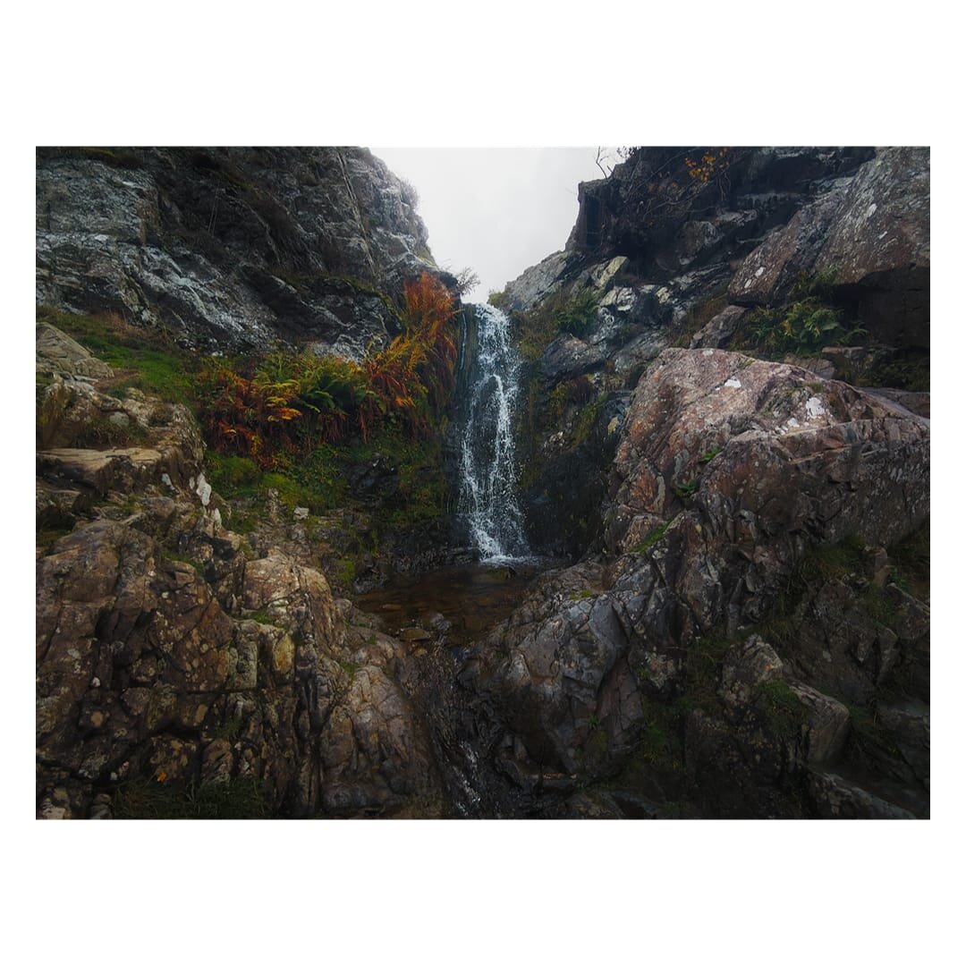 A narrow waterfall cascades down a dark rocky cliff face into a small dark pool within a dramatic gorge, flanked by steep stratified limestone walls covered in moss, lichen, and autumn vegetation in shades of burnt orange, rust, and sage green. The waterfall's white water contrasts sharply against the shadowed stone as it tumbles between the towering rock faces, which display natural geological layering and weathered surfaces stained with mineral deposits and algae growth. Boulders and rocky outcrops jut from the ground in the foreground, their surfaces worn smooth by water and time, whilst overhanging vegetation and ferns cling to crevices along the cliff edges, creating an intimate and secluded natural amphitheatre typical of the hidden geological gems found throughout the Shropshire Hills.