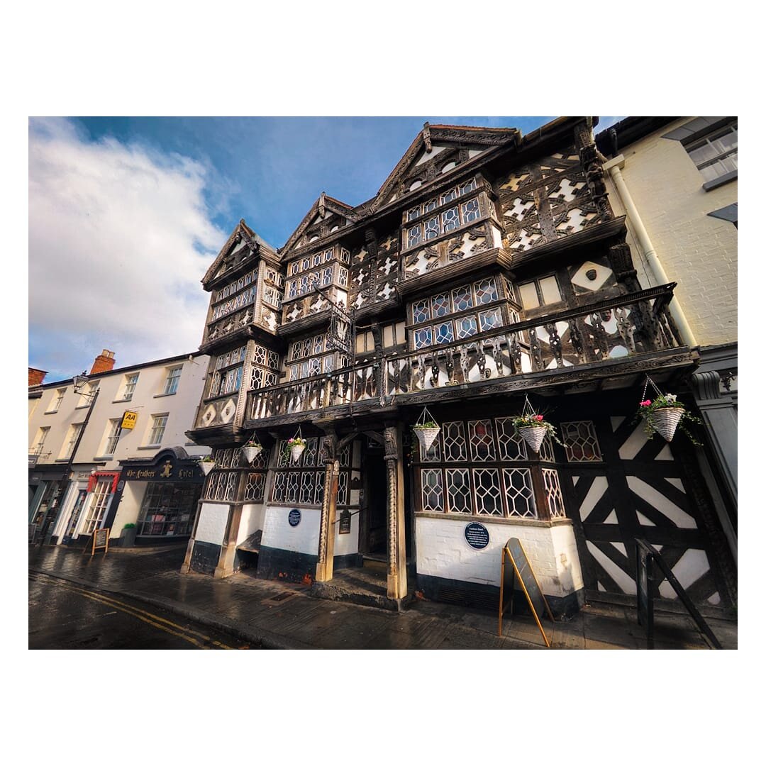 A magnificent timber-framed building with distinctive dark wooden beams contrasts sharply against cream-coloured infill panels, featuring multiple gabled roofs with ornate carved details and decorative bargeboards typical of late medieval architecture. The Feathers Hotel in Ludlow showcases intricate geometric lattice patterning across its windows and decorative panels, with the ground floor featuring shop frontage adorned with hanging baskets of vibrant pink and white flowers beneath a covered walkway supported by dark timber posts. The building's stepped gable roofline rises prominently against a partly cloudy blue sky, whilst neighbouring historic structures in pale cream render are visible to the left, and the wet paving stones below suggest recent rain, all capturing the charm of this Grade I listed building that stands as a quintessential example of English Tudor heritage architecture in the heart of Shropshire's historic market town.