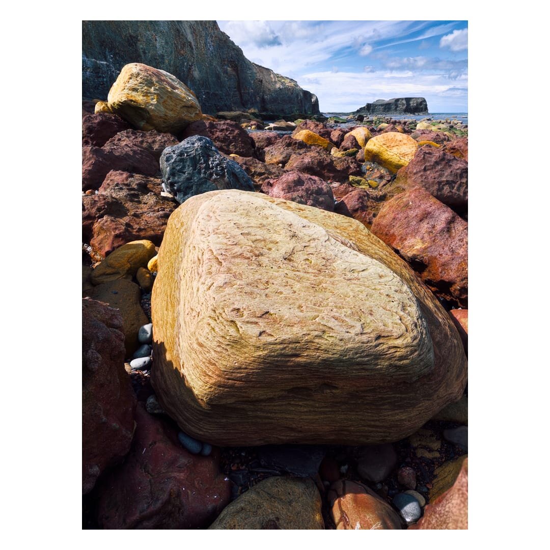 A close-up view of the boulder field beneath Saltwick Bay's northwestern cliffs, looking towards Saltwick Nab. Dominating the foreground is a large, pale sandstone boulder with a distinctively rippled, wave-like texture across its surface, its buff and cream tones streaked with darker mineral staining. It sits amid a jumble of smaller boulders in striking rust-red, ochre and dark grey hues, their varied colouring hinting at differing mineral content and weathering. Behind, the dark, layered cliff face rises steeply on the left, while the flat-topped headland of Saltwick Nab is visible in the distance beneath a mostly clear blue sky with light, wispy cloud.