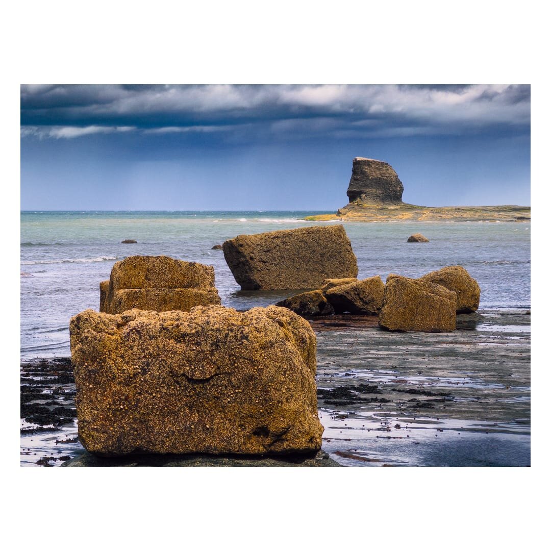 A dramatic coastal view at Saltwick Bay, taken from the southeastern cliffs looking towards Black Nab. In the foreground, a cluster of large, square-cut sandstone boulders sits on the shore, their surfaces heavily encrusted with barnacles and dark seaweed at the base, glowing warm gold and ochre against the surrounding wet, dark rock and shallow tide pools. Beyond them, the sea shows a striking band of turquoise-green shallows breaking into white surf, giving way to deeper grey-blue water further out. On the horizon, the distinctive pinnacle of Black Nab rises from a low rocky outcrop, its weathered stack shape silhouetted against a heavily overcast sky, where dark, brooding storm clouds roll in overhead, hinting at approaching wet weather.