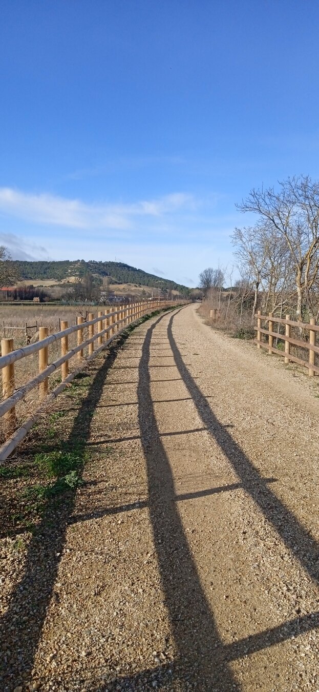 una imagen de un camino de tierra con una valla de madera al lado izquierdo. da un sol de mediodía y proyecta la sombra de la valla en el camino. el camino tiene un punto de fuga en la lejanía después de un giro suave a derechas