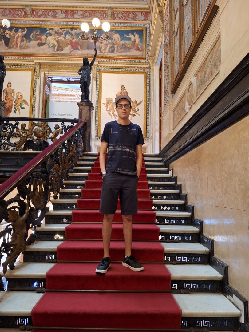 The image depicts a man standing on the stairs of a grand, ornate building. The man is positioned at the top of the staircase, with his hands in his pockets and facing forward.

•   Man
    *   Standing at the top of the stairs
    *   Hands in his pockets
    *   Wearing a dark-colored t-shirt, shorts, and sneakers
•   Stairs
    *   Grand, ornate building with white marble steps and black railings
    *   Red carpeting along the edges of each step
    *   Intricate carvings on the banister and handrails
•   Background
    *   Large painting or mural above the staircase
    *   Gold-framed artwork on the walls to either side of the staircase
    *   Ornate chandelier hanging from the ceiling

The overall atmosphere of the image suggests that the man is posing for a photo in a prestigious location, possibly a museum or government building. The grandeur of the surroundings and the man's casual attire create an interesting contrast.