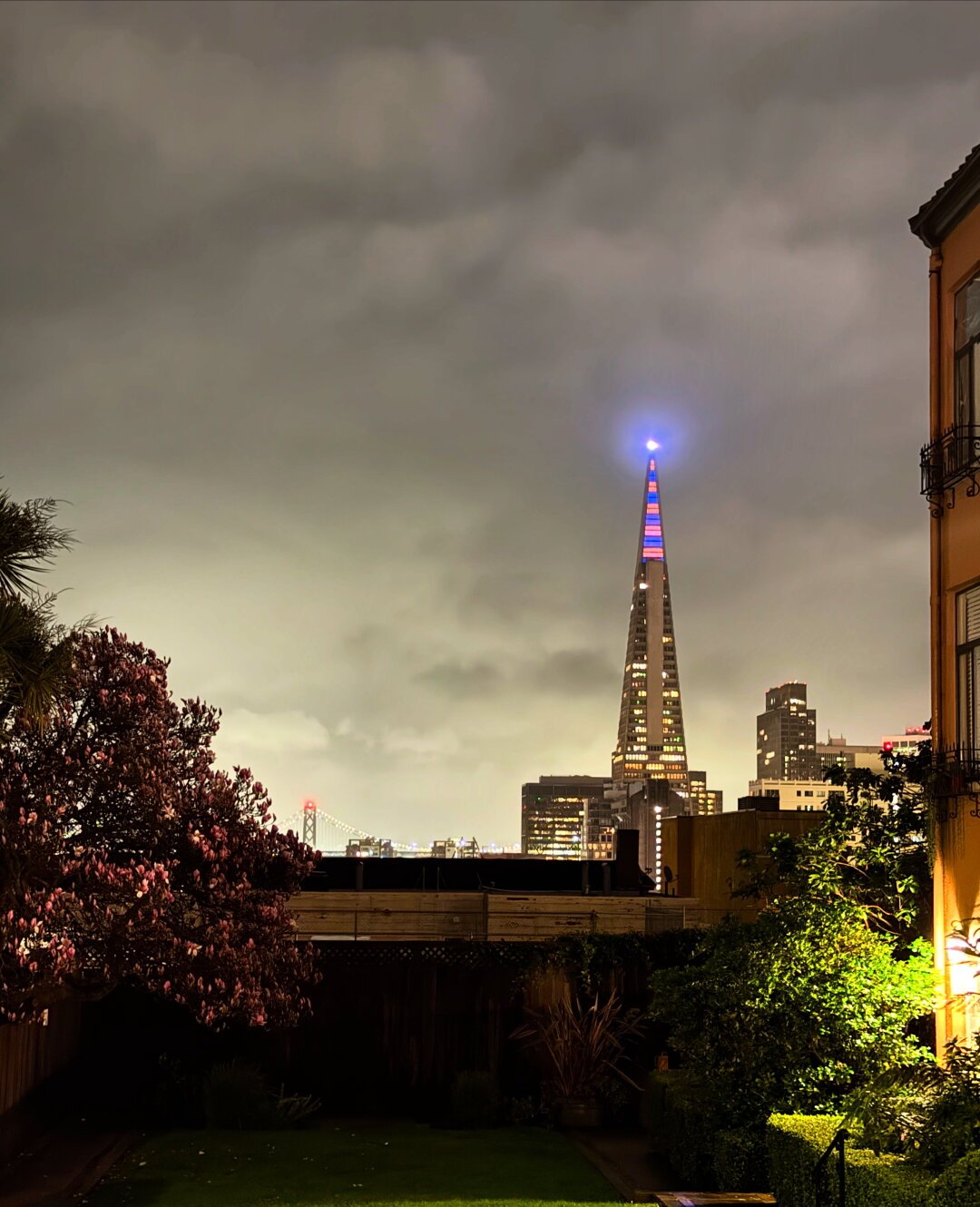 View of the San Francisco financial district skyline from Nob Hill. The top of the Transamerica pyramid is lit up blue and orange.