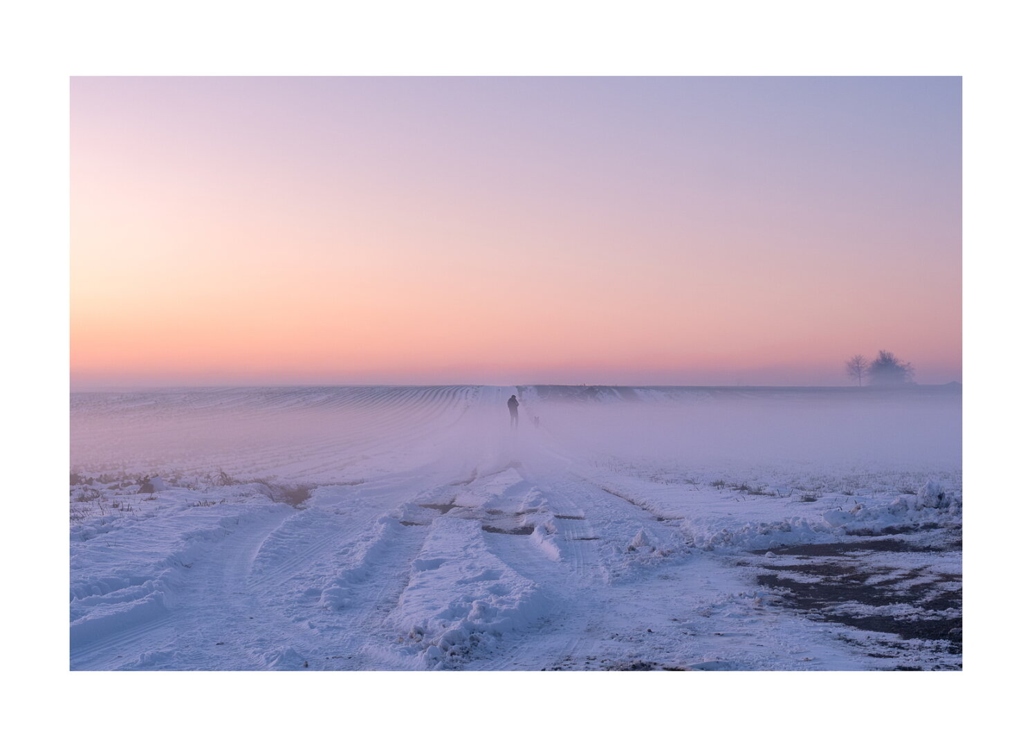 Coucher de soleil sous la neige avec une personne promenant son chien sur un chemin