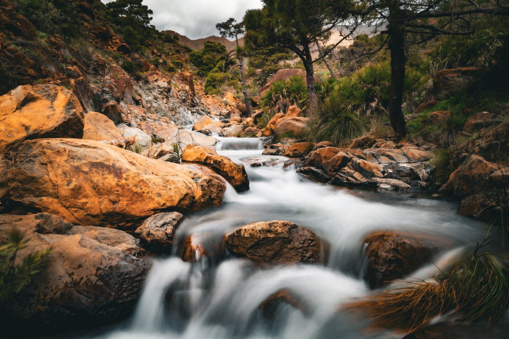 Un arroyo de agua cristalina fluye suavemente entre grandes rocas de tonos rojizos y ocres. La vegetación, compuesta de arbustos y pinos, rodea el cauce del arroyo, creando un paisaje natural y sereno. Al fondo, se aprecian montañas bajo un cielo nublado. El agua en movimiento se muestra con una exposición larga, creando un efecto de suavidad y fluidez.