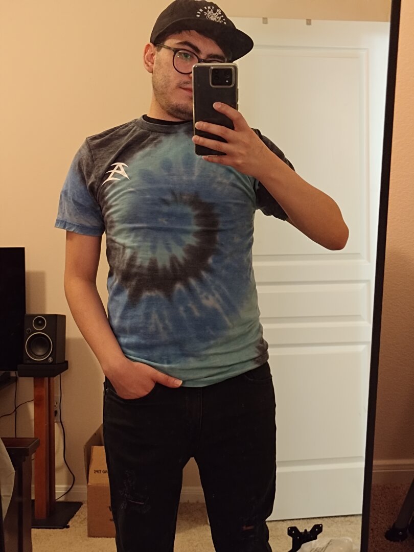 front of my tie-dye blue/black Arch #cho band T-shirt