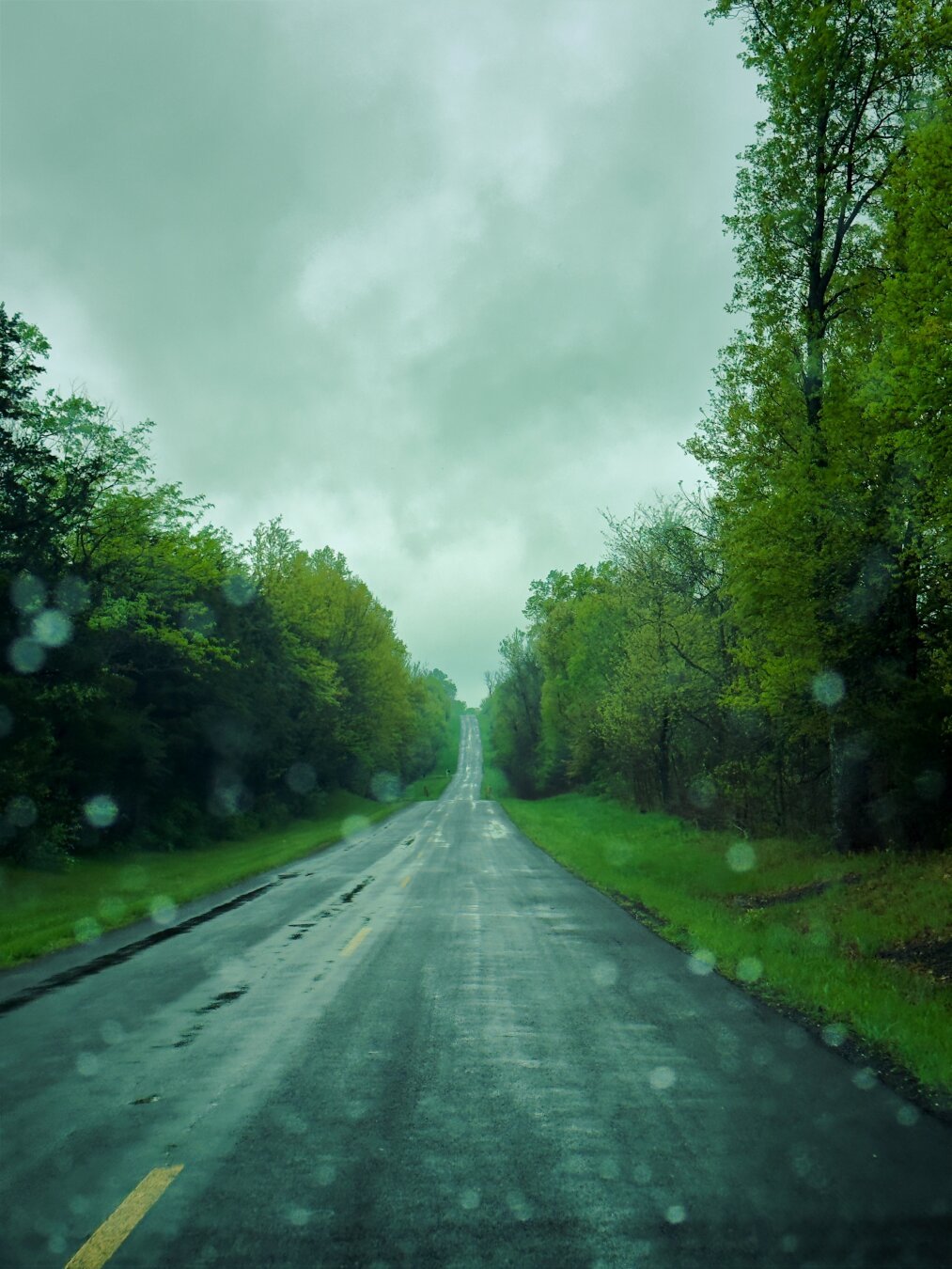 A rainy country road flanked by green trees with water droplets on the camera lens.