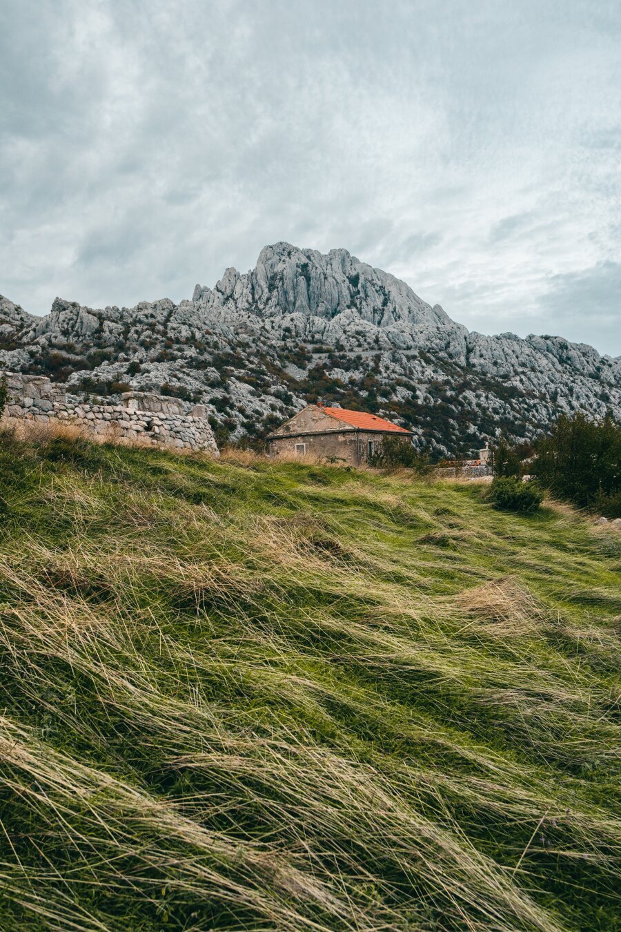 House with walls on a hill of dry grass, a huge mountain can be seen in the background