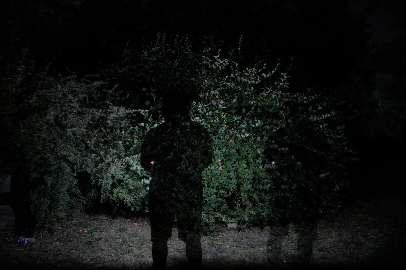 Une silhouette semi-transparente devant un buisson