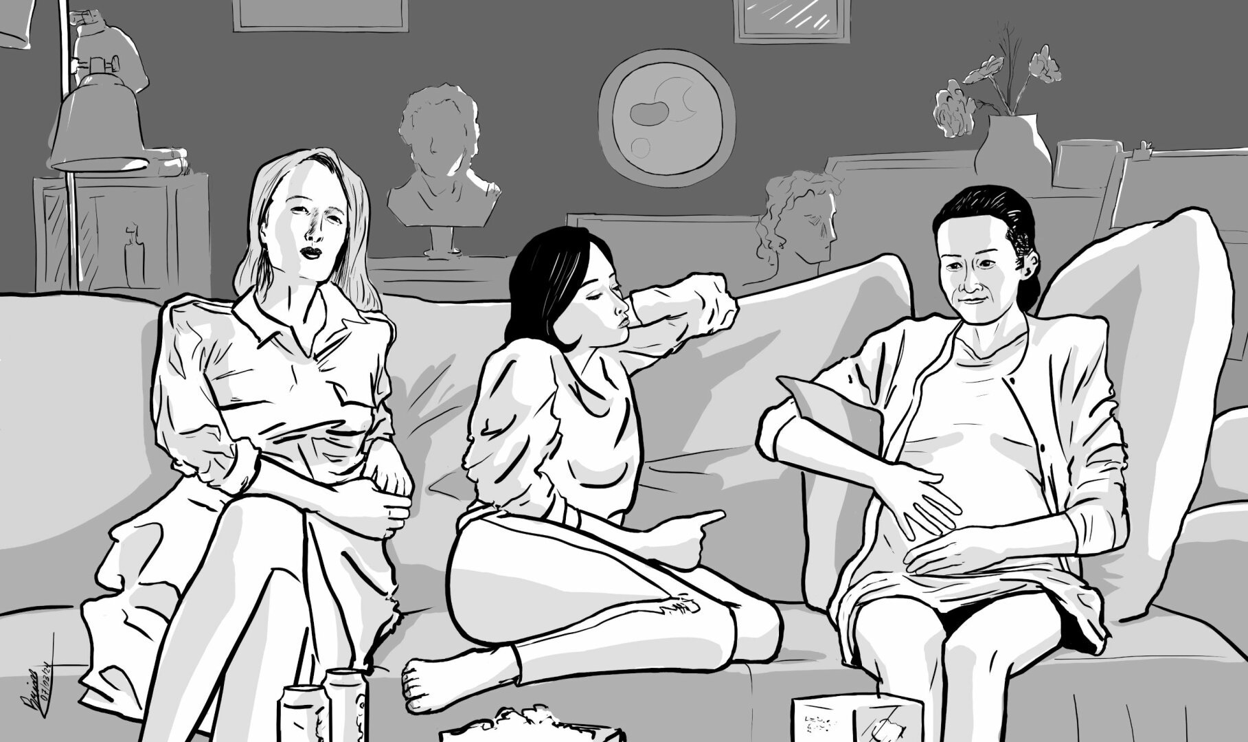 Black and white digital illustration, with gray mid-tones. Three women are sitting in a sofa, there's a couple cans and some snacks on the foreground and art things (canvases, paintings and 2 busts) on the background. The first woman wears a coat and is looking up as if reflecting on something, the one in the middle is sitting on her legs sideways, she has short black hair, the last one also has dark hair, she is pregnant and is smiling, she has both arms on her belly.