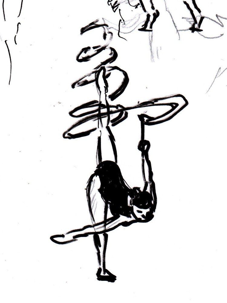 Drawing made with black marker on white paper. The gymnast is bending forward, we view her by the front, in a 3/4 angle, she is with her left leg stretched in the air and the ribbon making a spiral around it, she is controlling it with her left hand. There's no background, but there's a few marks of other drawings on the top edge of the image.