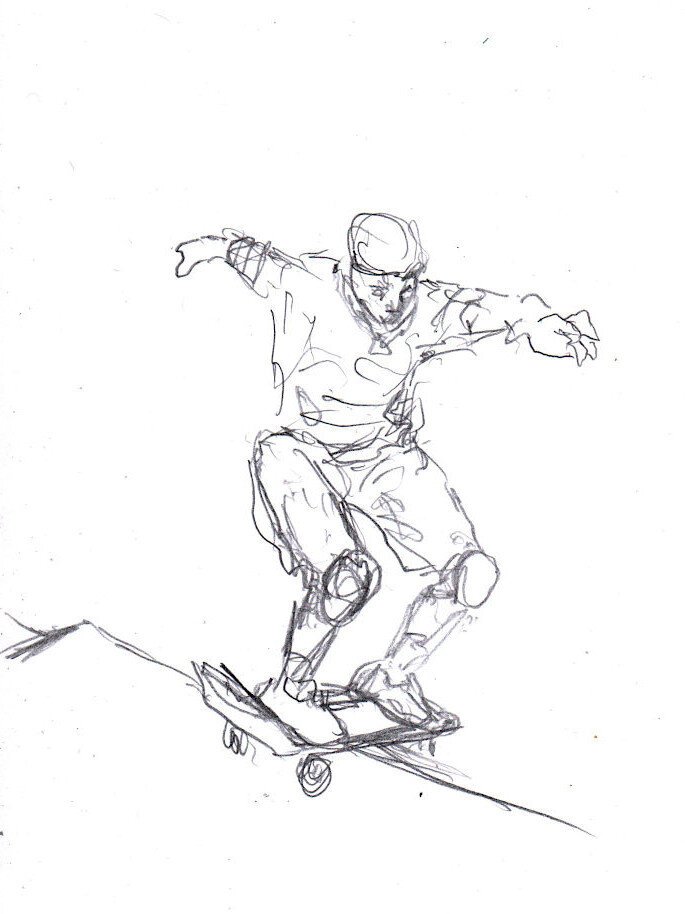 Pen sketch of a male skateboarder balancing his skate at the top of the bowl of a skate park course. There's no background, just the athlete, the skate and a few lines indicating the bowl's edge.