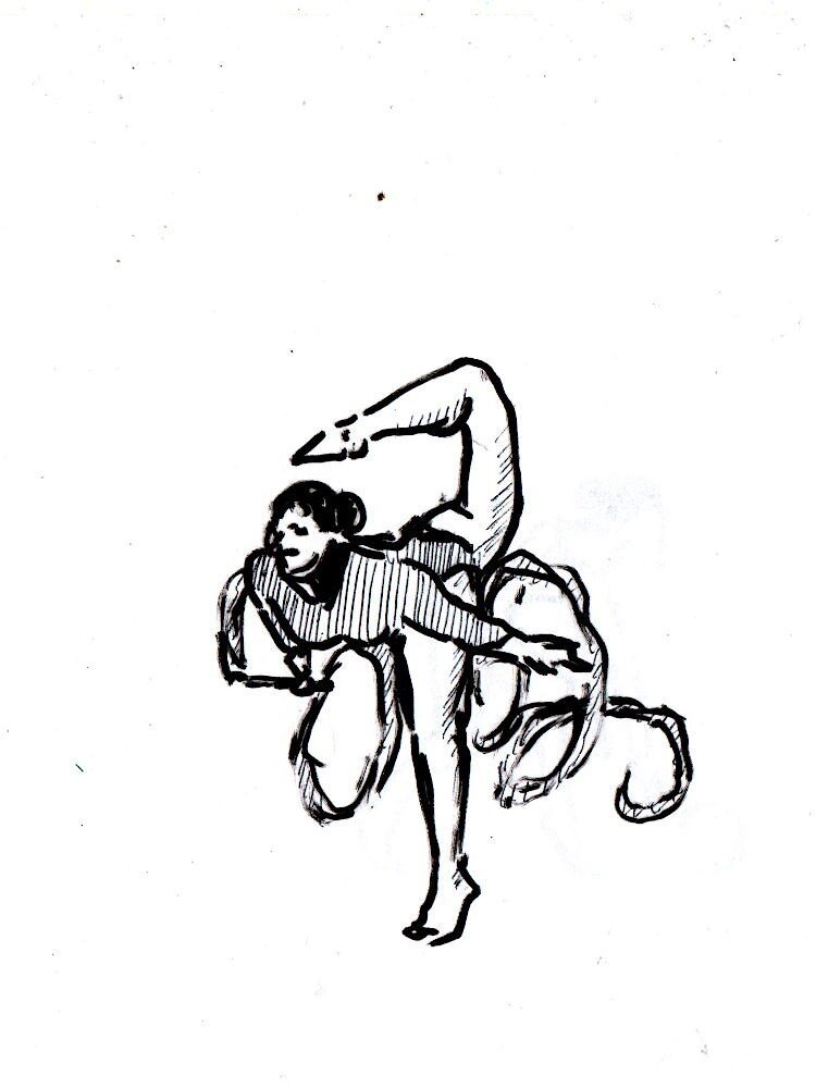 Black marker drawing on white paper. A gymnast is bending forward, with her right arm she's making spirals with the ribbon towards her back, and she has her right leg moving backwards, with her feet towards her head. There's no background.