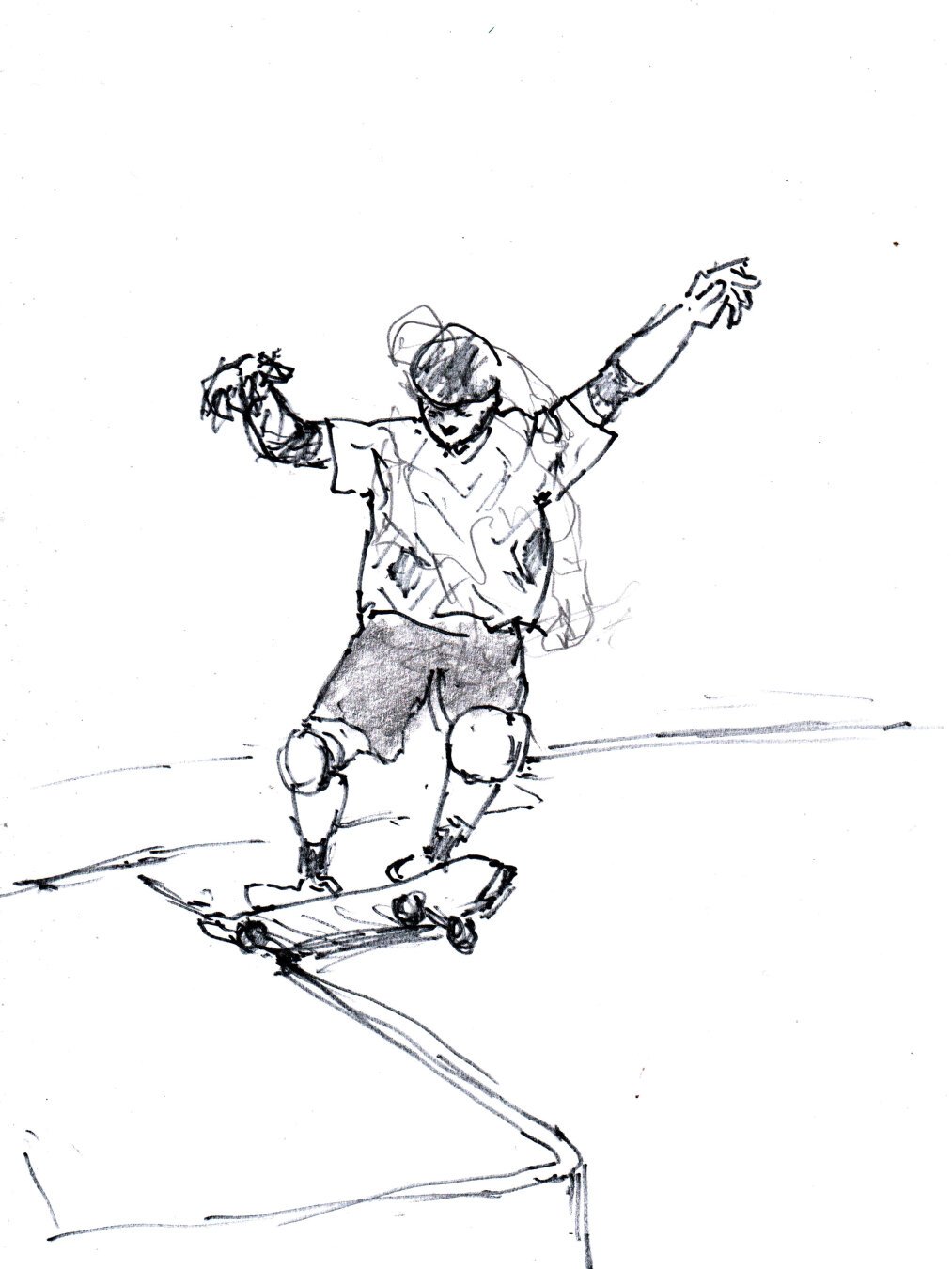 Drawing using a black marker on white paper, a male skateboarder with a helmet is balancing himself on the edge of the bowl of the skate park course. It's the tail of the skate that is touching the ground, and his arms are up in the air.