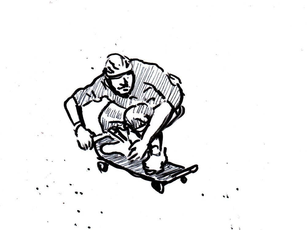 Drawing made with marker for lines and ballpoint pen for shading. A skateboarder is crouching on his skate, probably to pick up speed. There's no background.