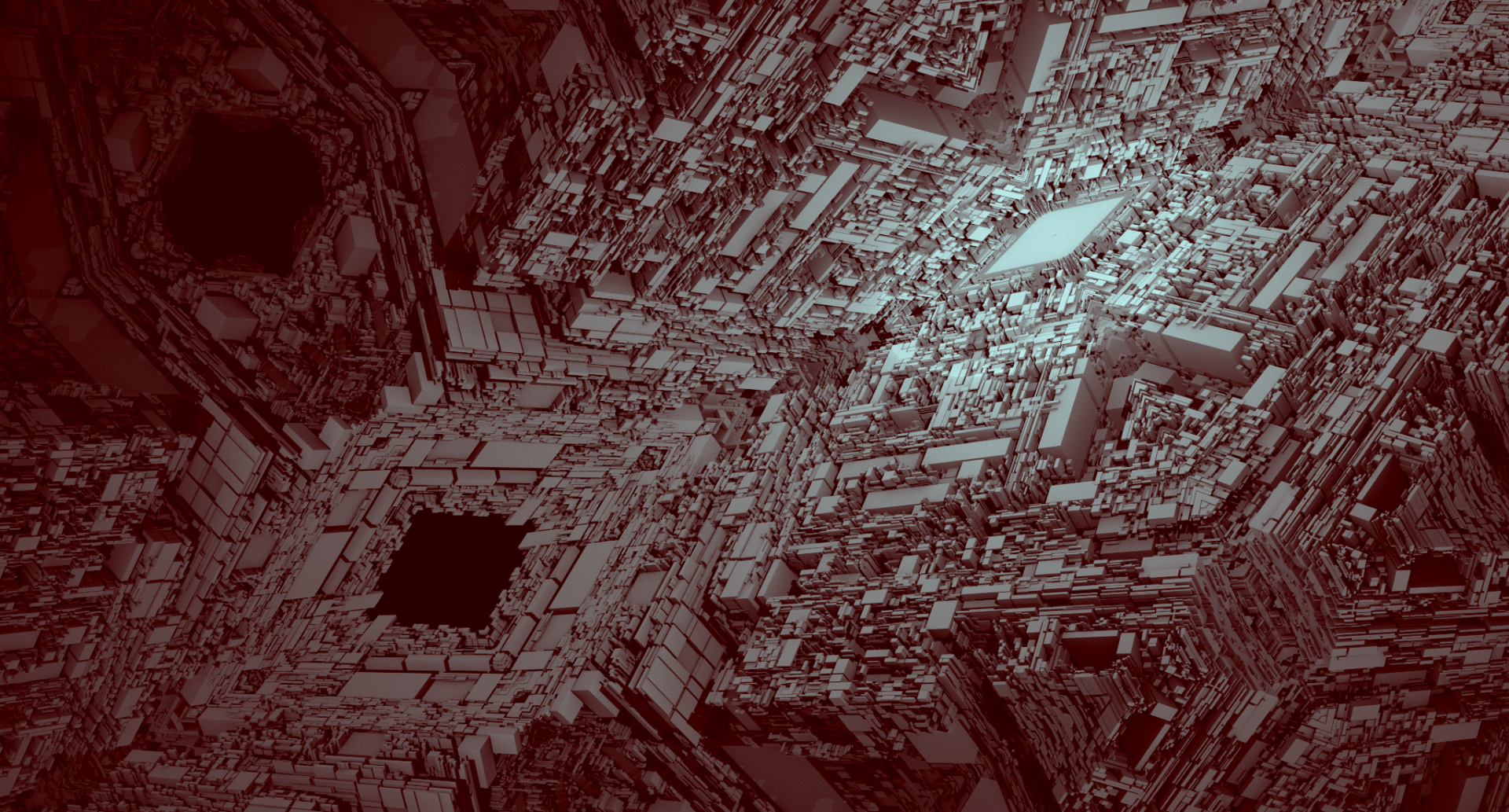Strange warpy abstract image of recursive cubes with a lot of greeble vibes.  Same process as before; raytraced render heavily manipulated in gimp to add a 2d kaleidoscope effect.  This time a sort of fake color two tone affect was adding via tone mapping; the darker areas are red and the brigher areas are blue/blue.