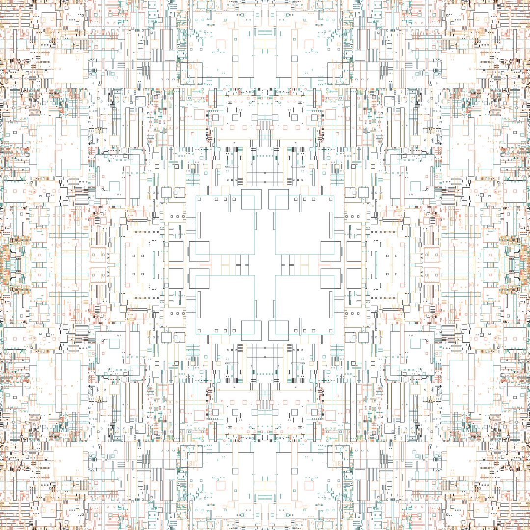 An abstract pattern with horizontal and vertical symmetry; small boxy shapes at different scales and using 6 different colors from a harmonious color palette found online.  It gives the impression of a strangely color highly symmetrical circuit board.