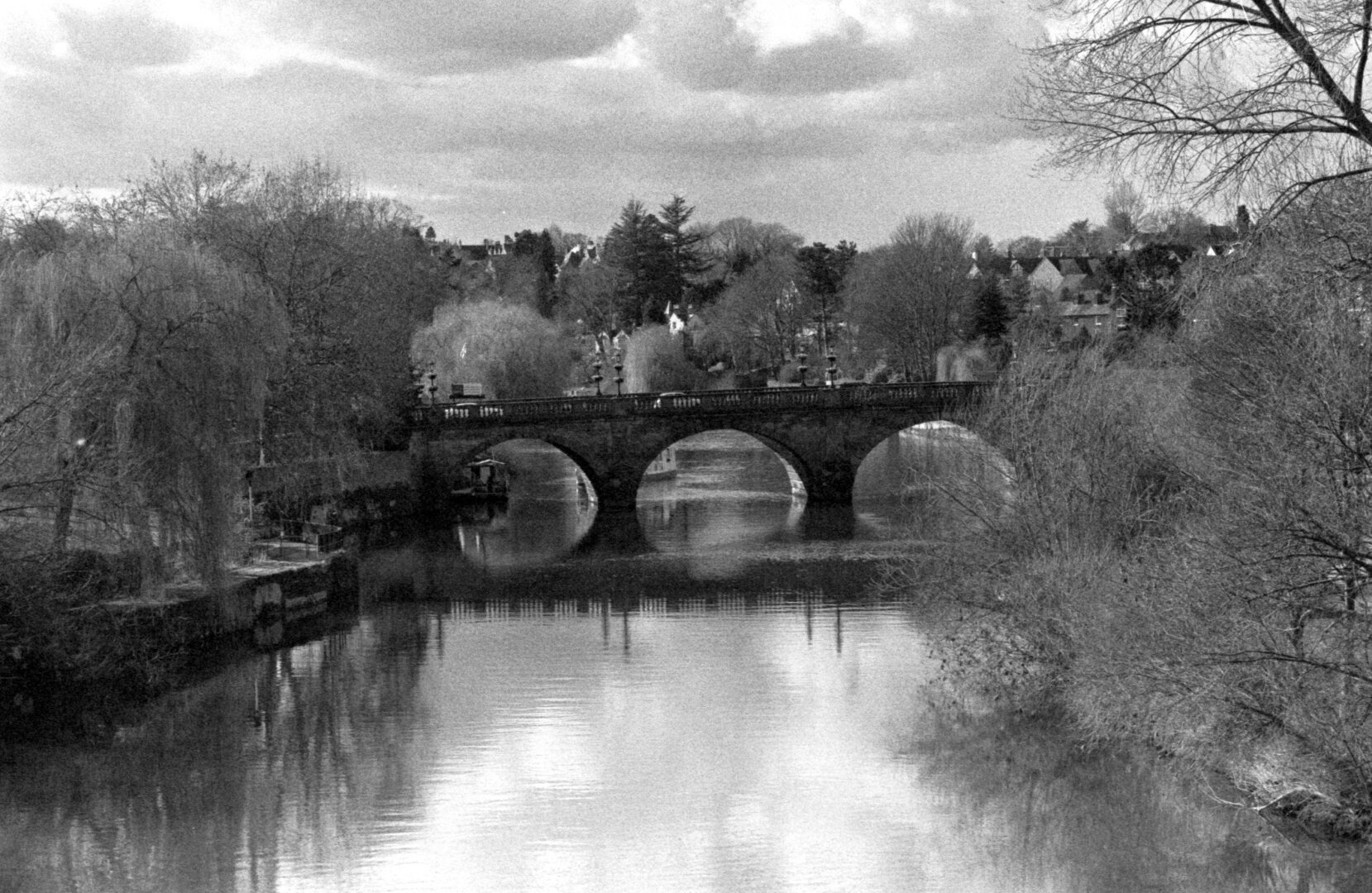 black & white photo of the Welsh Bridge, Shrewsbury