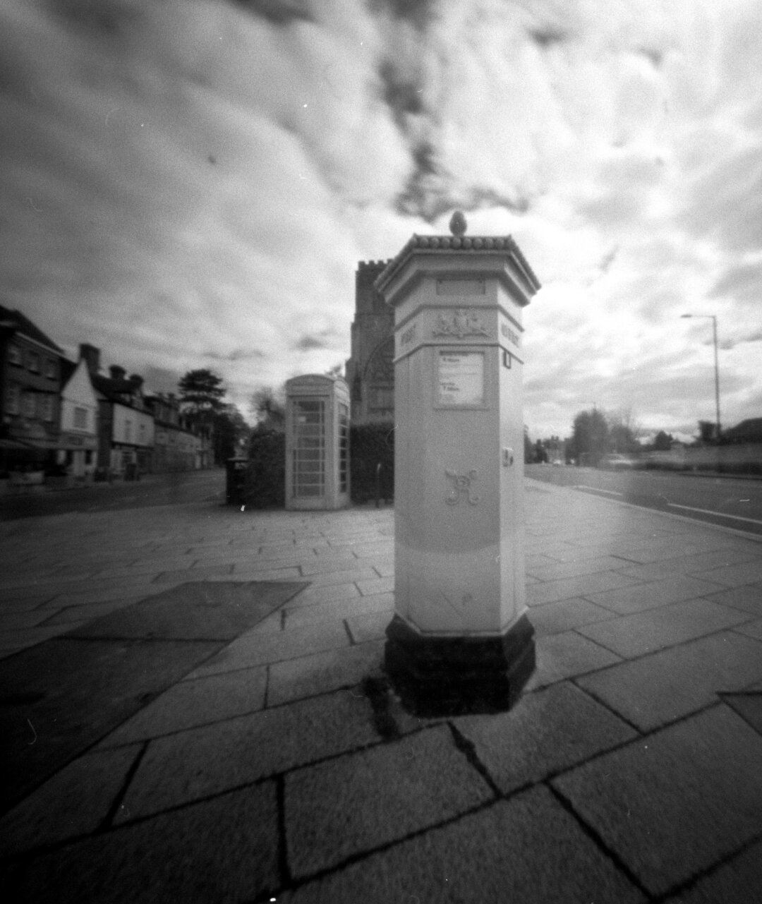 pinhole black & white photograph of a vintage postbox
