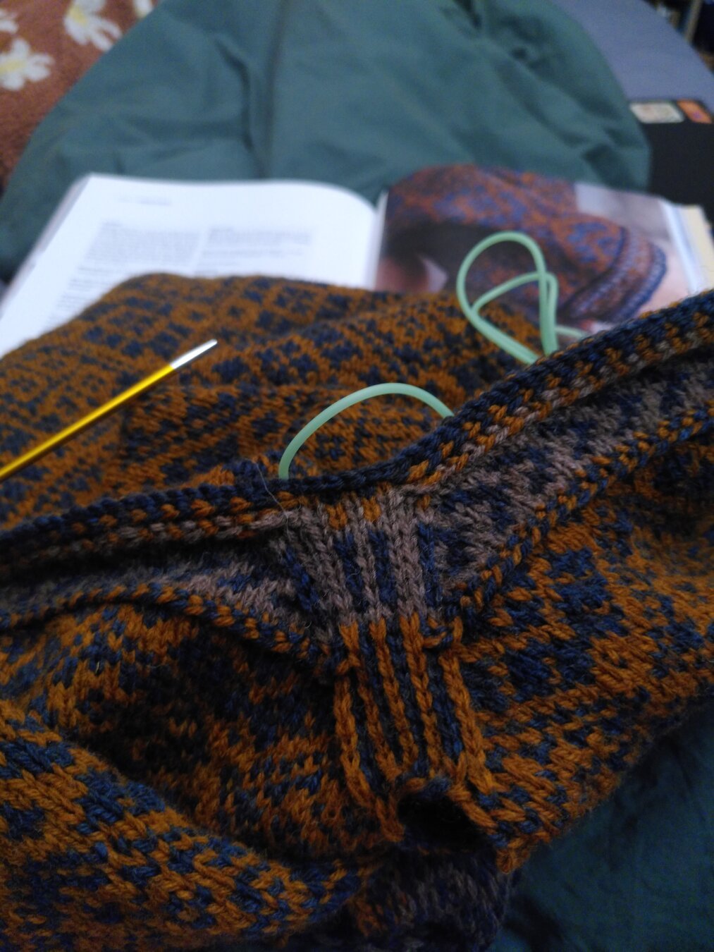 Organe, blue and grey knitting with steek in the middle