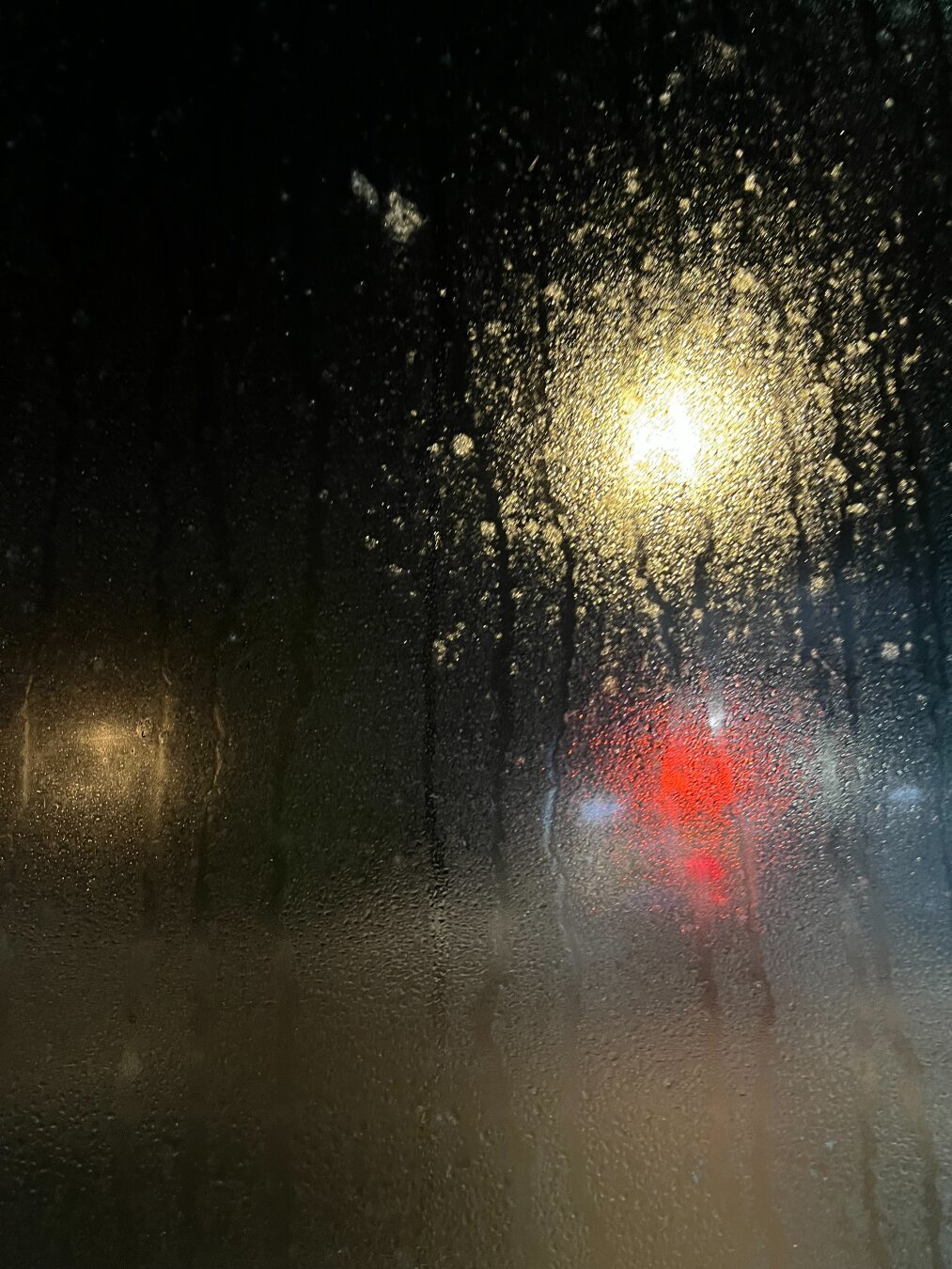 Night with rainy streetlights.