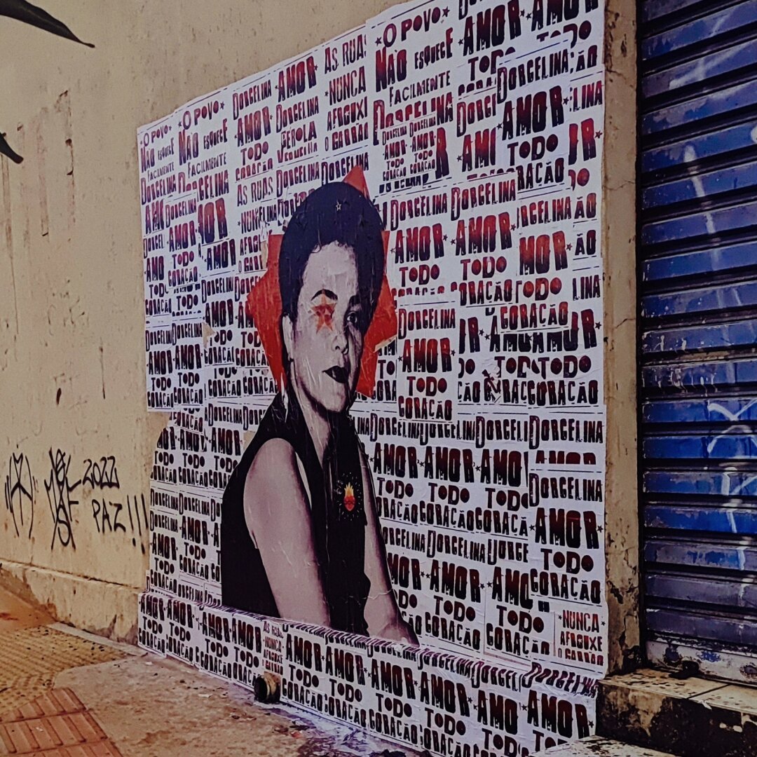 Wall, with a paper tile collage about Dorcelina Folador, murdered mayor of the City of Mundi Novo, MS, Brasil.