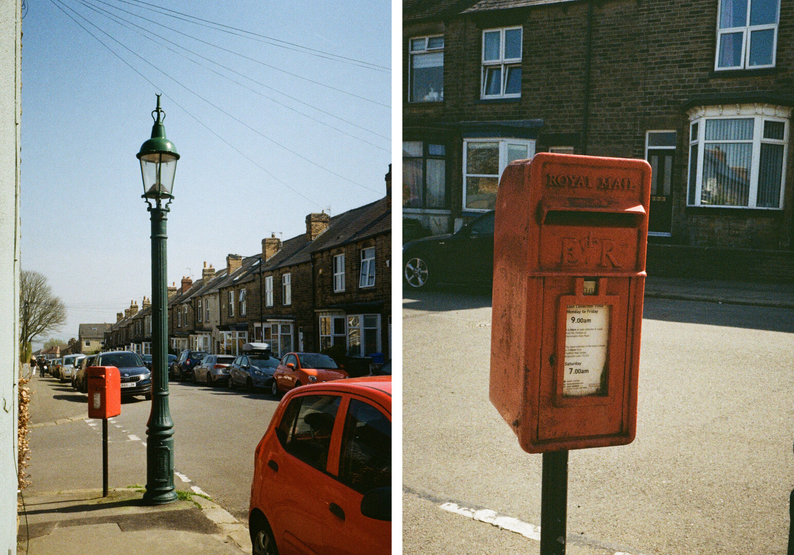 A diptych of two photographs placed side by side. On the left, a quiet residential street stretches into the distance. A tall green lamppost stands prominently in the foreground on the pavement. Behind it, a row of brick terraced houses lines the street, with parked cars along the curb. A red post box is visible further down the pavement. Overhead, thin utility wires cut across a pale blue sky. The scene is sunlit, with soft shadows and a slightly faded, warm tone. On the right, a close-up view isolates the same red post box. It stands on a black pole at the edge of the street, with its front panel and mail slot clearly visible. The surface shows signs of wear, with small marks and fading paint. In the background, slightly out of focus, are more brick houses and a parked car. The bright sunlight casts a shadow of the post box onto the ground. Together, the two images show the same object first within its wider street setting, and then as a detailed, standalone subject.