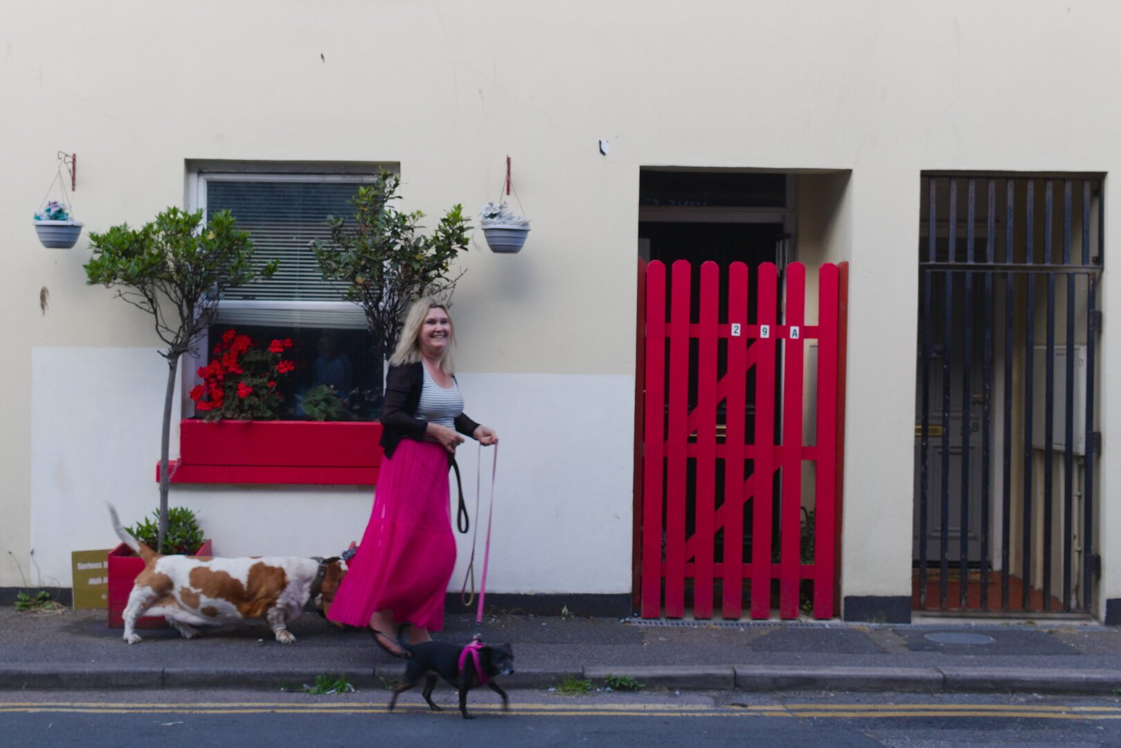 a woman smiling while walking the dogs in Brighton