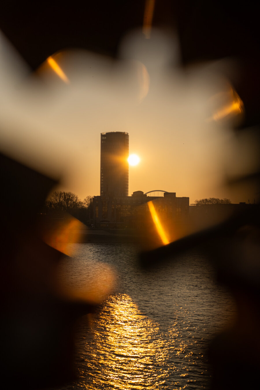 Die Morgensonne geht hinter einem grossen Gebäude in Turmform auf, sie spiegelt sich auf dem Wasser des Rheins.
Ich habe durch die sogenannten Liebesschlösser fotografiert, sie bilden einen Rahmen um das Motiv und es zeigen sich Reflexionen auf den Schlössern. Die Morgensonne geht hinter einem grossen Gebäude in Turmform auf, sie spiegelt sich auf dem Wasser des Rheins.
Ich habe durch die sogenannten Liebesschlösser fotografiert, sie bilden einen Rahmen um das Motiv und es zeigen sich Reflexionen auf den Schlössern.