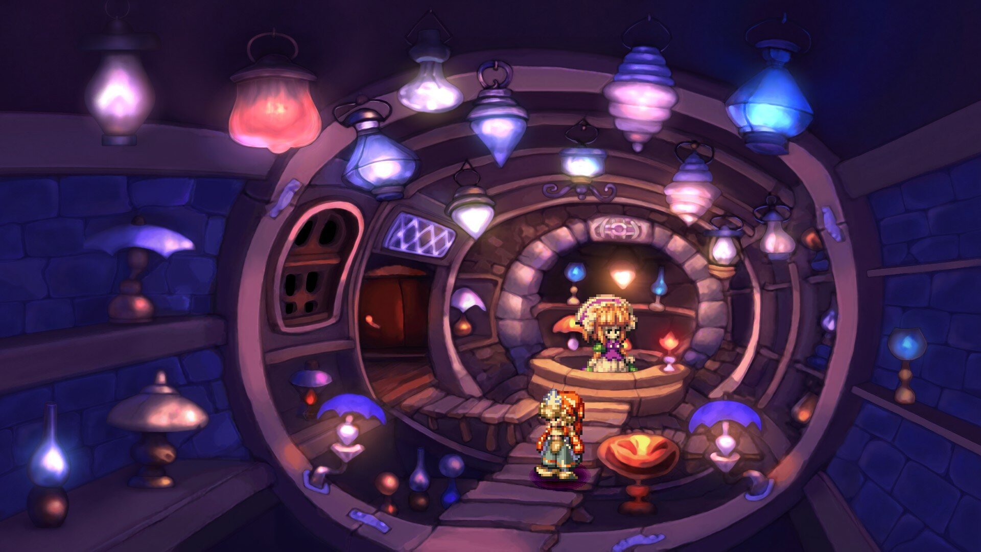 Capture d'écran de Legend of Mana. Boutique de luminaires avec des lampes de tailles et formes variées placées par terre, sur des étagères et au plafond.