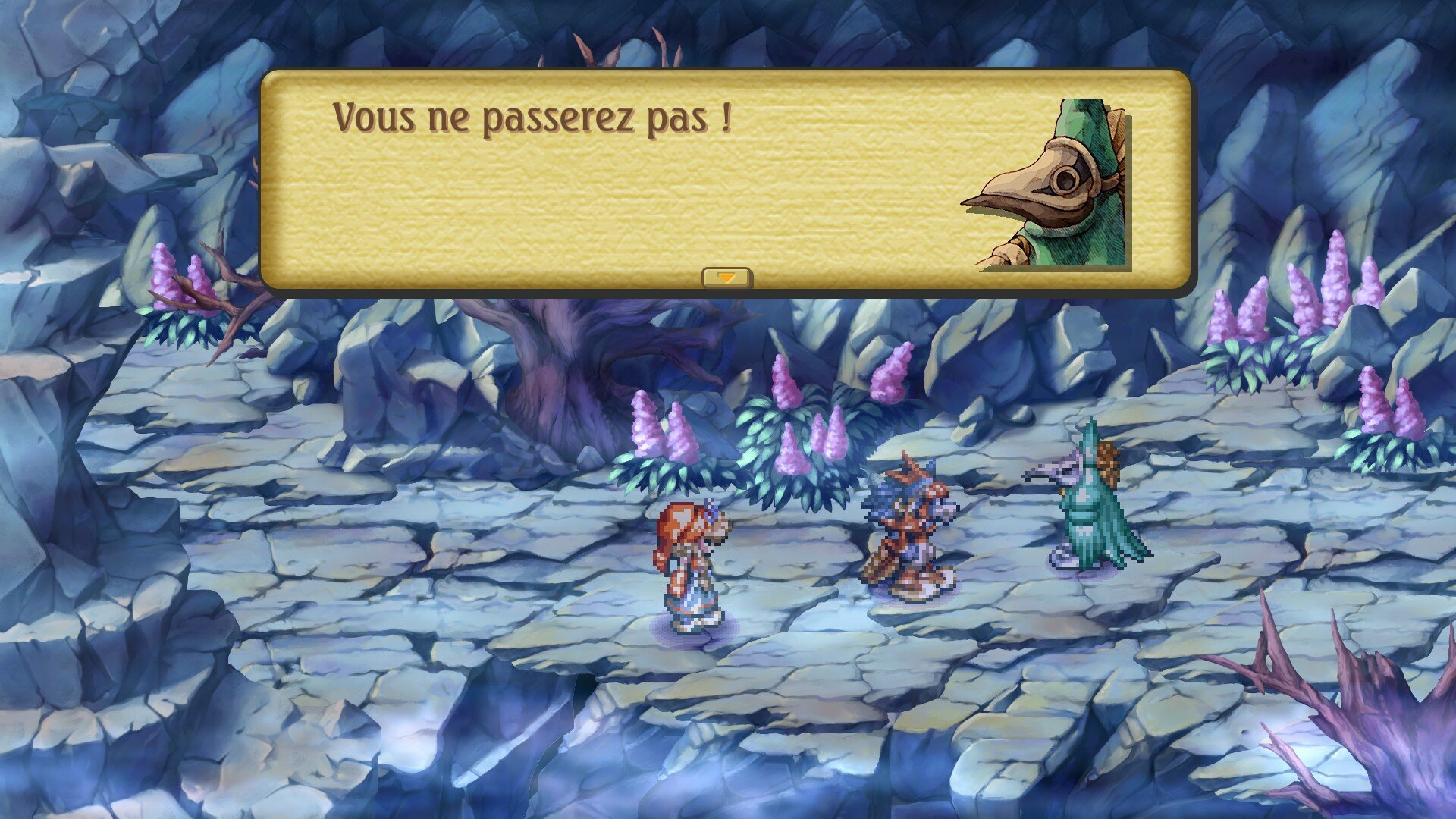 Capture d'écran de Legend of Mana, le personnage du joueur et celui de l'IA qui l'accompagne sont arrêtés par un oiseau anthropomorphique qui leur dit 