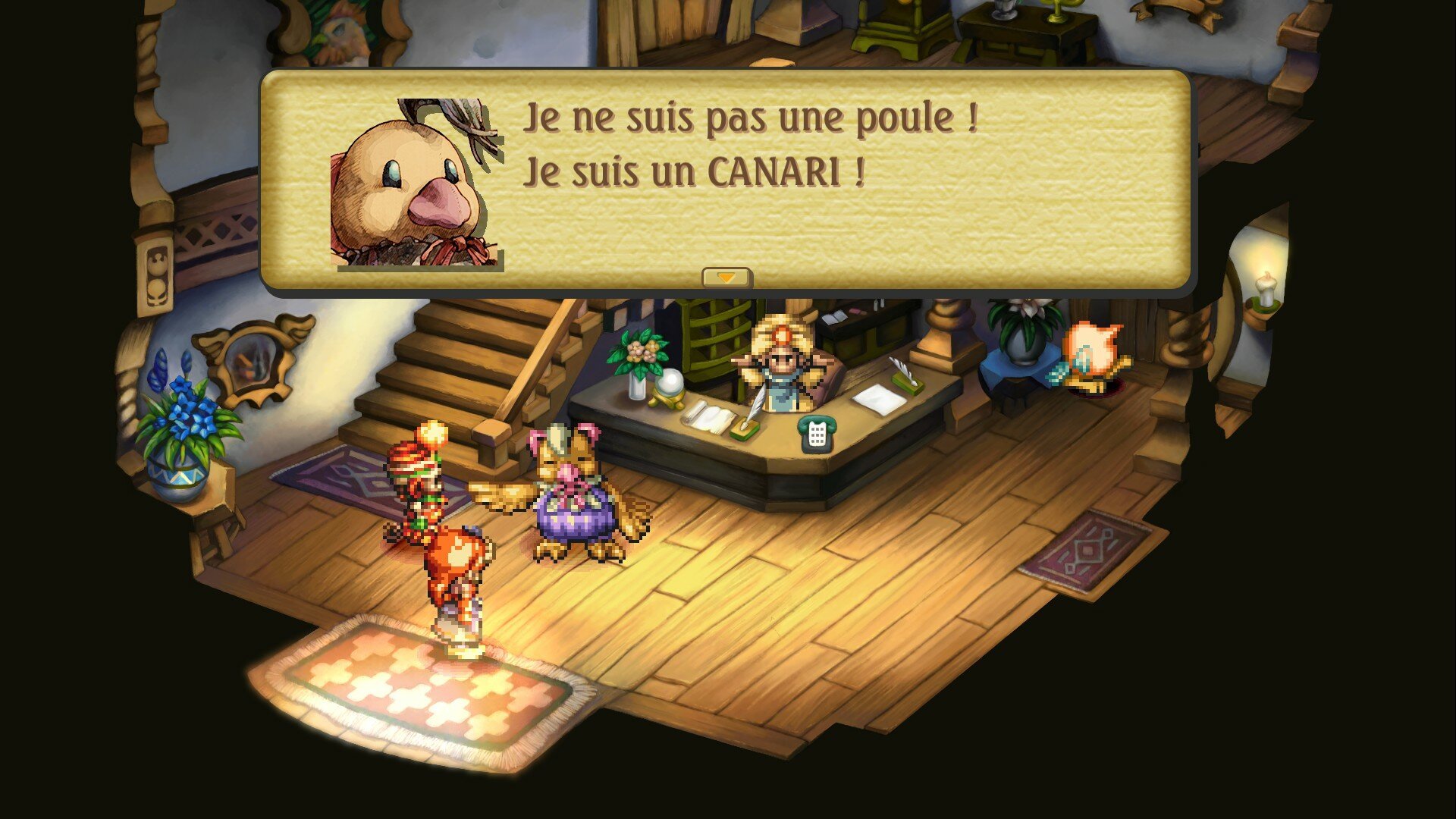 Capture d'écran de Legend of Mana où un PNJ animal anthropomorphisé dit 