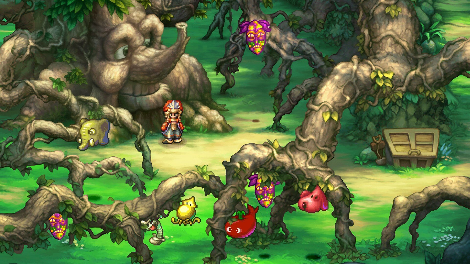 Capture d'écran de Legend of Mana représentant l'arbre Trent chargé de fruits divers aux formes atypiques dans le verger