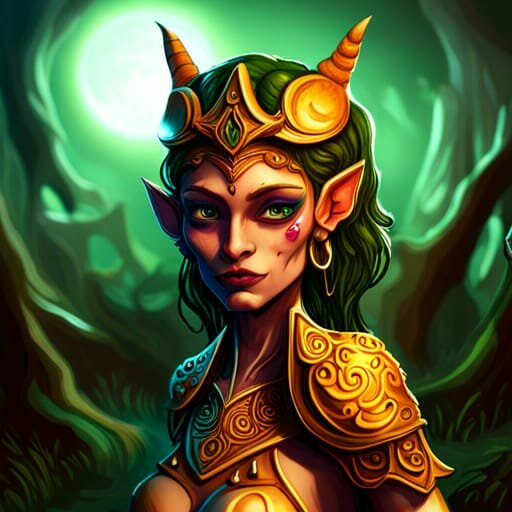 Goblin princess, with golden horns and armor, and green magical background