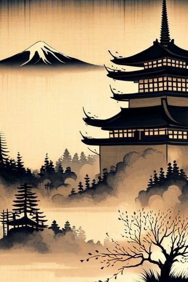 AI art - Japanese wall art - a house in the mist, a mountain in the background