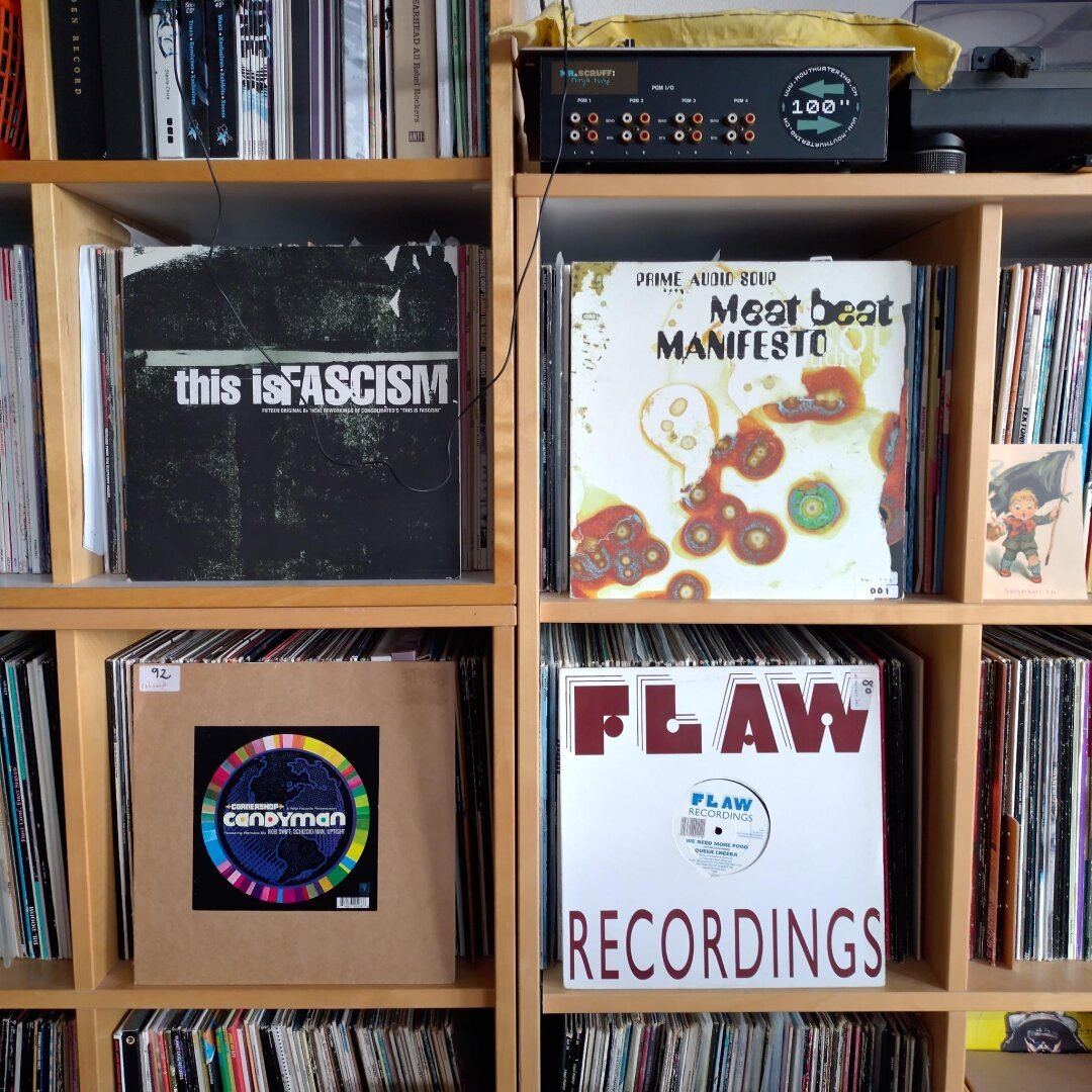 an image from my Pixelfed, shows a record case with four records facing out