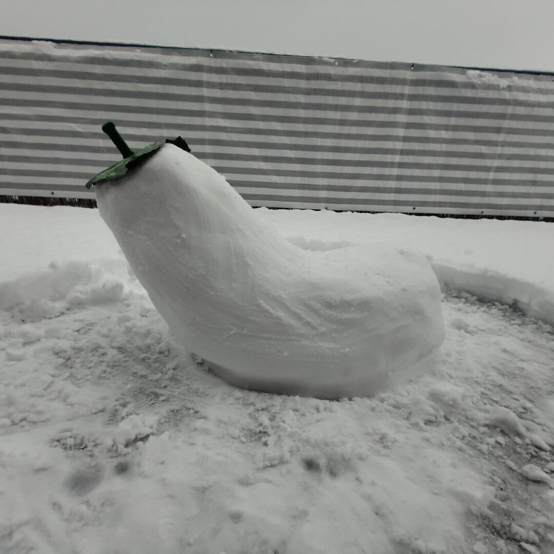 an image from my Pixelfed (because, fuck instagram), shows a snow sculpture in the shape of an aubergine emoji