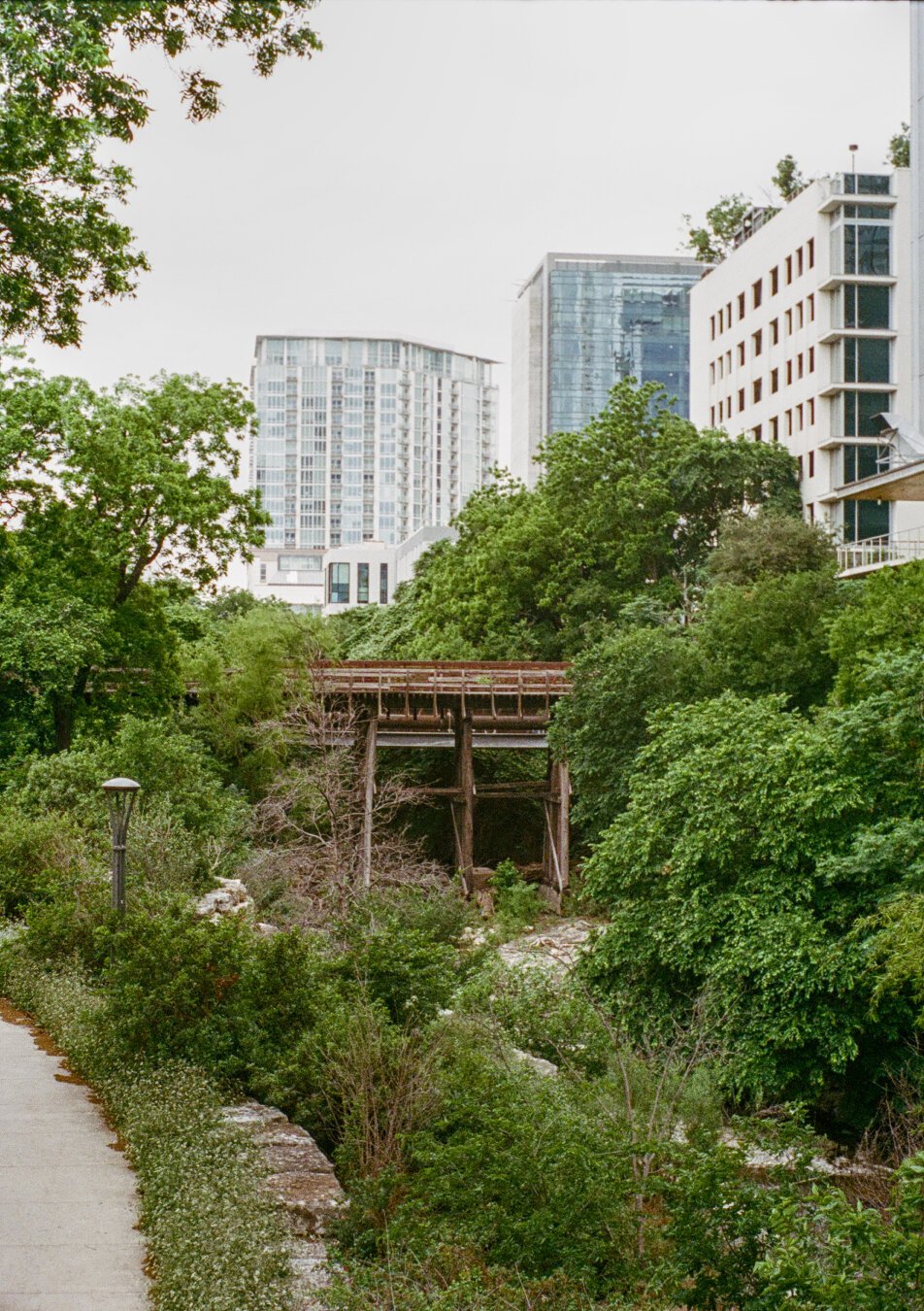 Railroad trestle over a creek in downtown austin