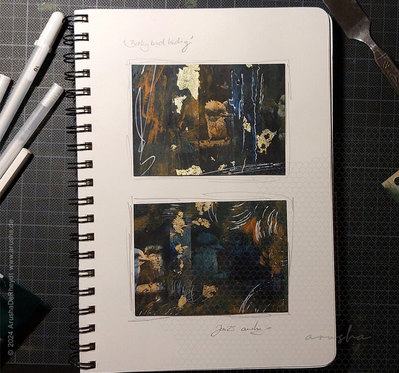 A sketchbook with two small pictures in dark colors and gold. In the centere is a faint image of a little bird.
A honeycomb pattern for copy protection covers the right side of the image. It is signed with 'arusha' on the bottom right and the words Copyright 2024 www.arusha.de are on the lenght of the left side