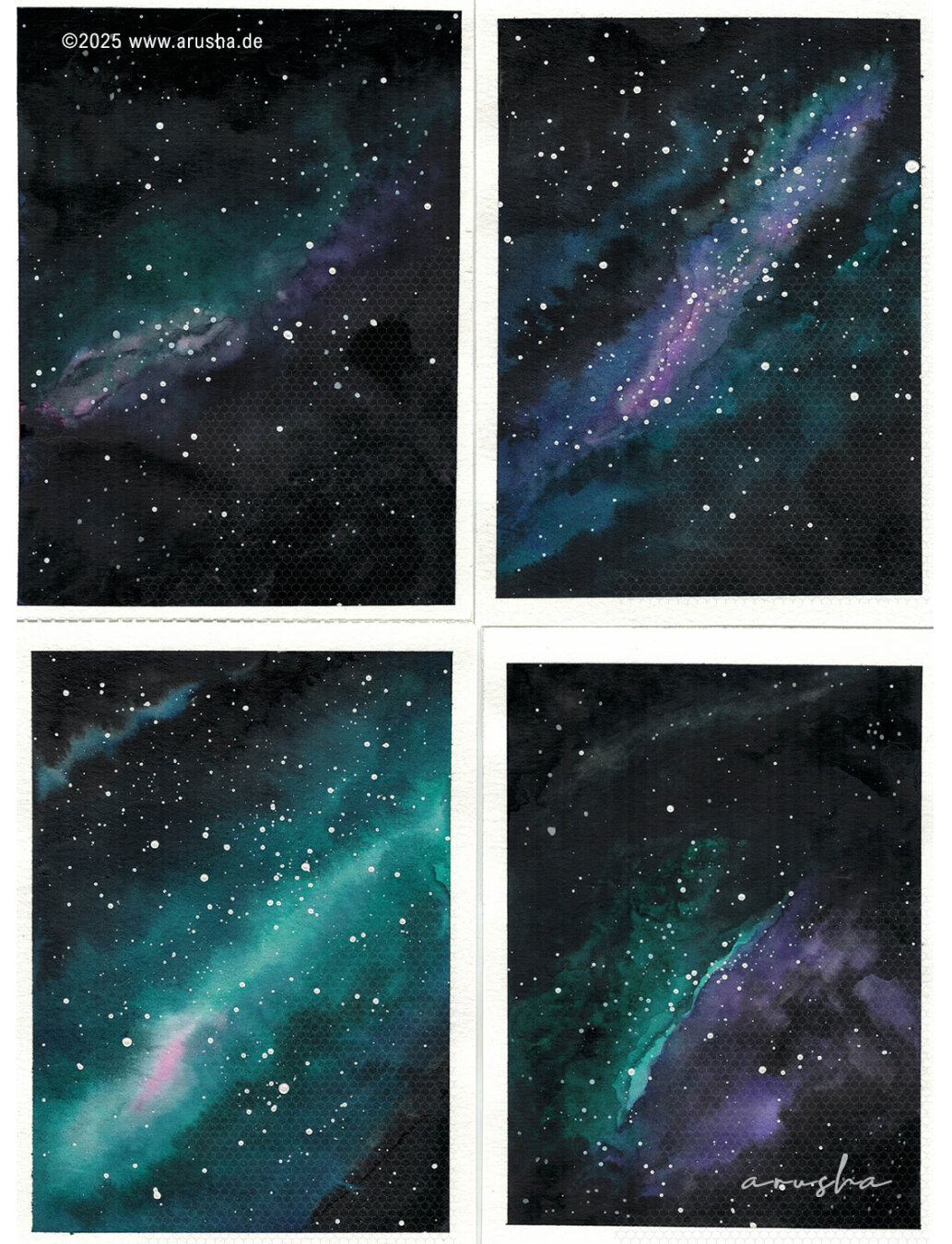 Four paintings of galxies in turquois and purlpe colors.
A honeycomb pattern for copy protection covers the right side of each image. It is signed with 'arusha' on the bottom right and the words Copyright 2025 www.arusha.de are in the top left corner