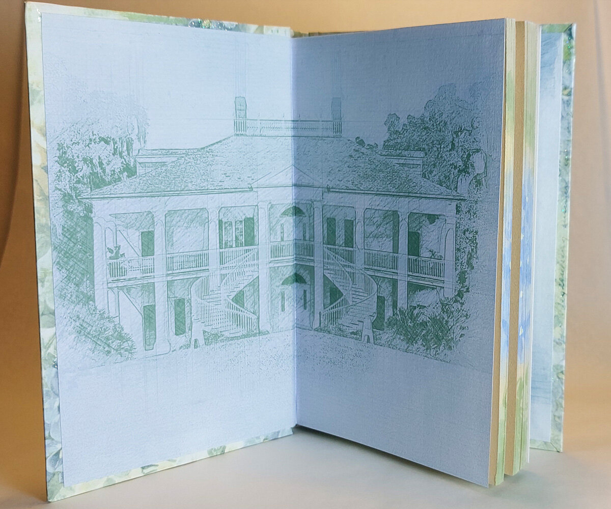 Endpaper of book showing a sketch of an old fashioned house from the southern states in the US